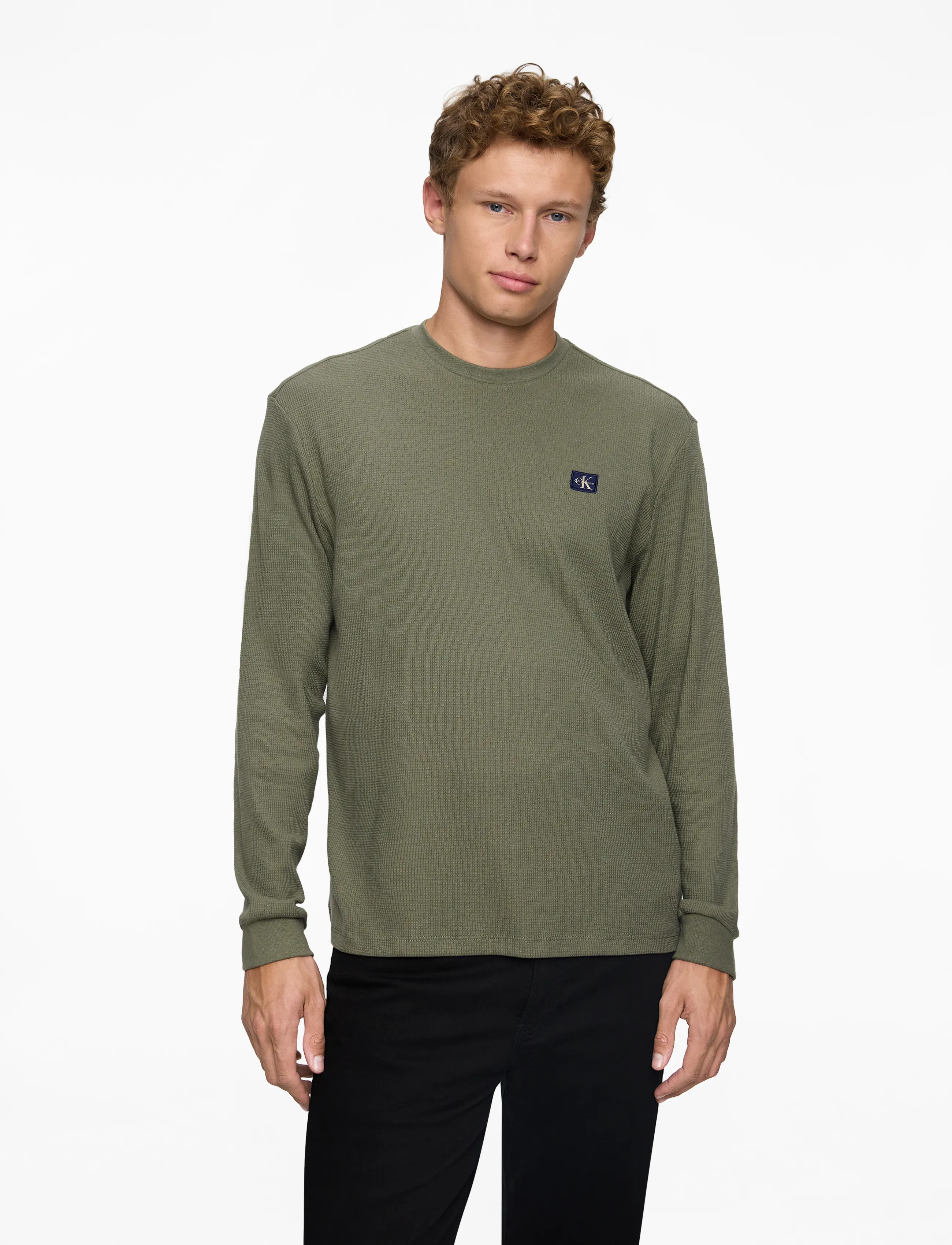 Calvin Klein Jeans LS WAFFLE BADGE CREWNK TEE - Deals - DUSTY OLIVE / beige
