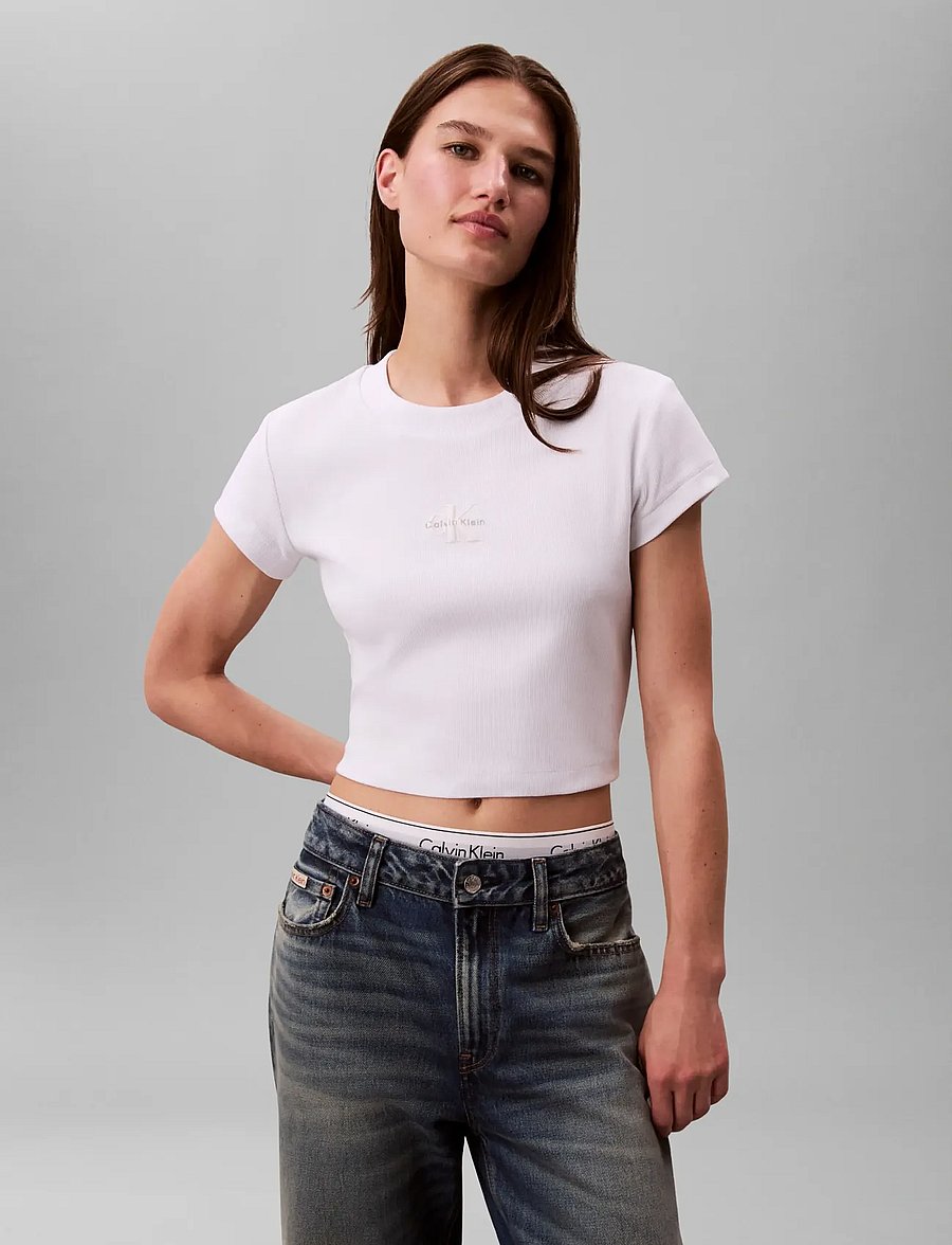 Calvin Klein Jeans - MONOLOGO BABY RIB TEE - crop tops - bright white - 4