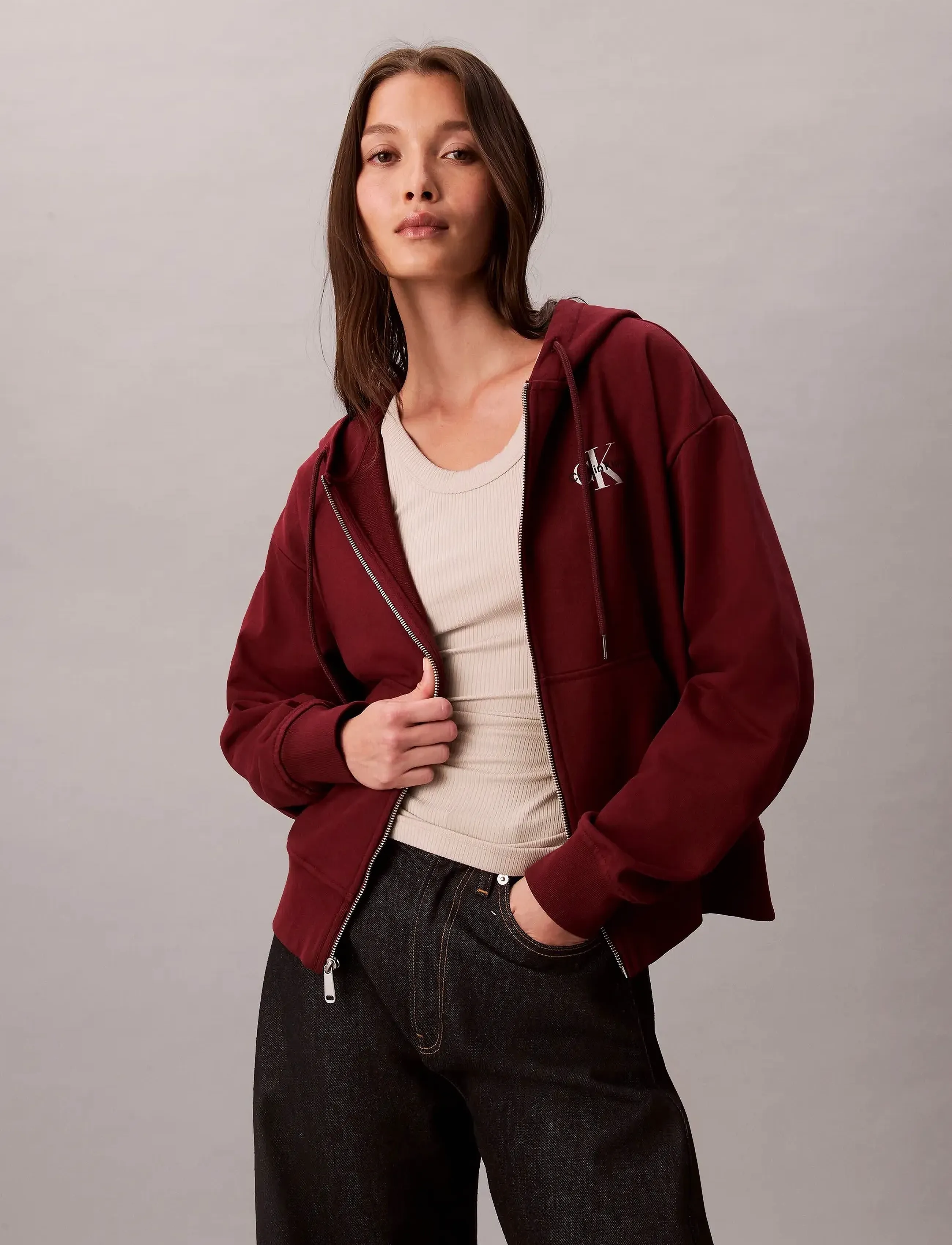 Calvin Klein Jeans MONOLOGO FRENCH TERRY FZ BF HOOD - Sweatshirts - RENAISSANCE RED / burgundy