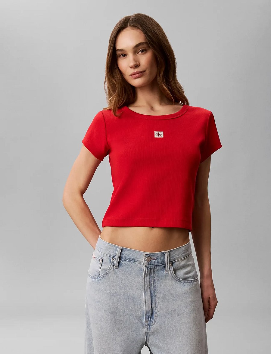 Calvin Klein Jeans - WOVEN LABEL 2X2 BABY RIB BABY TE - crop tops - aged redwood - 0
