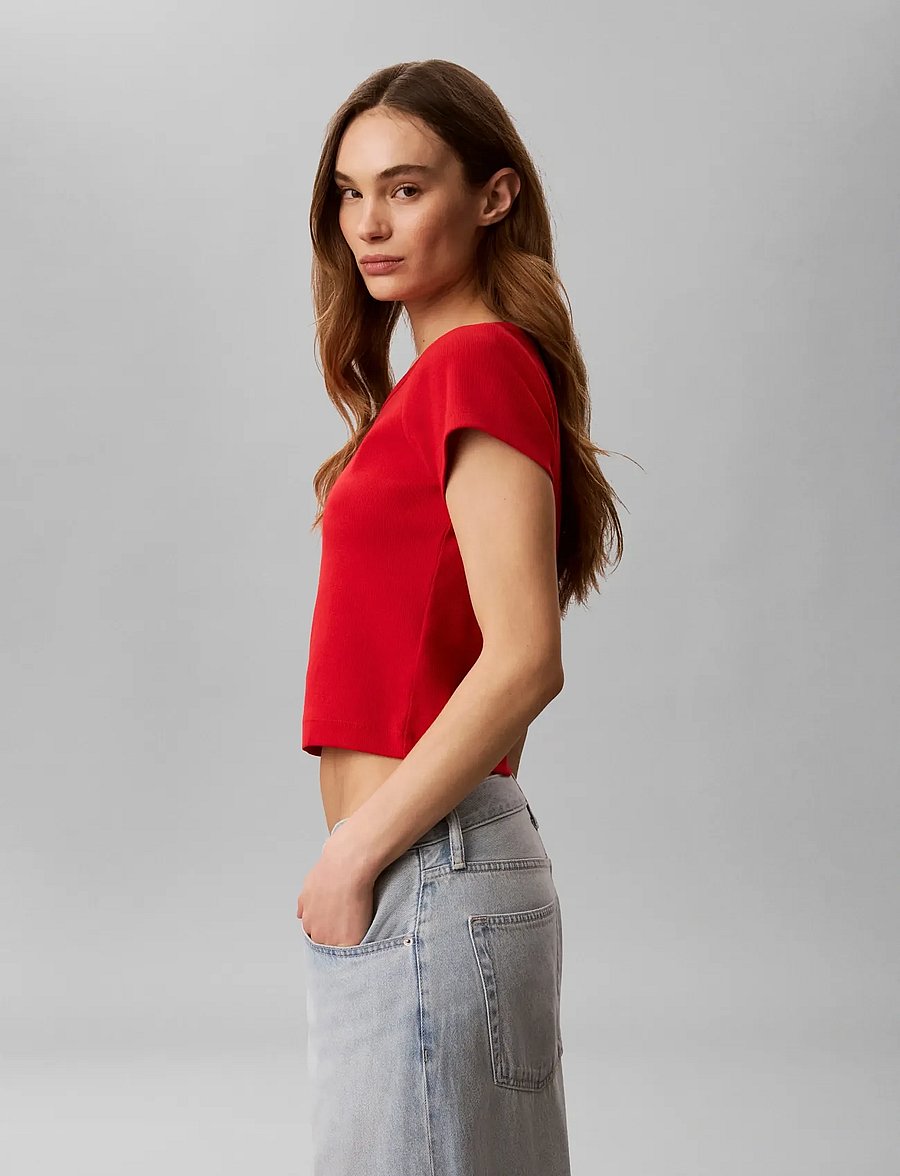 Calvin Klein Jeans - WOVEN LABEL 2X2 BABY RIB BABY TE - crop tops - aged redwood - 3