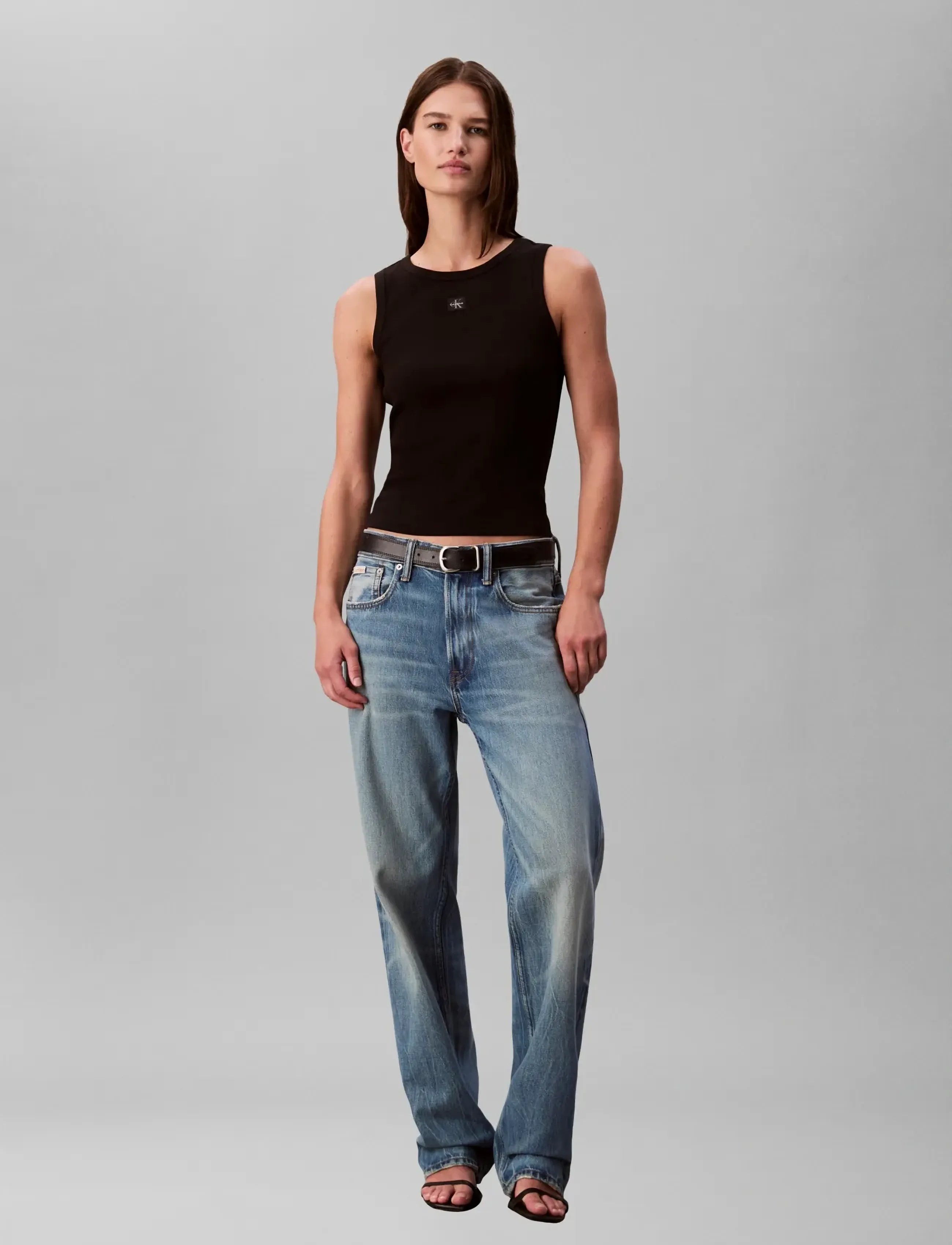 Calvin Klein Jeans WOVEN LABEL 2X2 BABY RIB TANK - Tanktops - BLACK / black