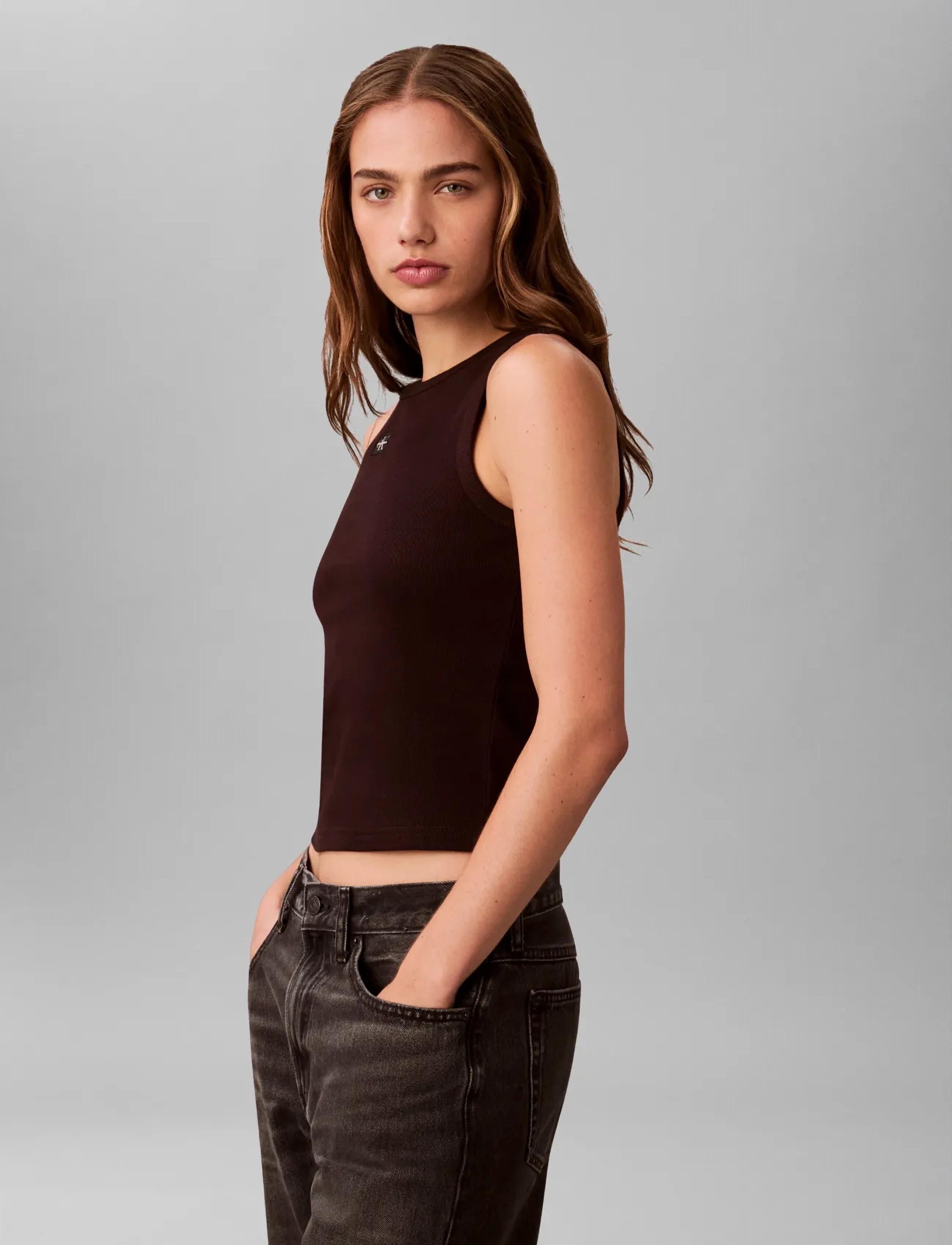 Calvin Klein Jeans - WOVEN LABEL 2X2 BABY RIB TANK - Ärmellose tops - mocha brown - 5