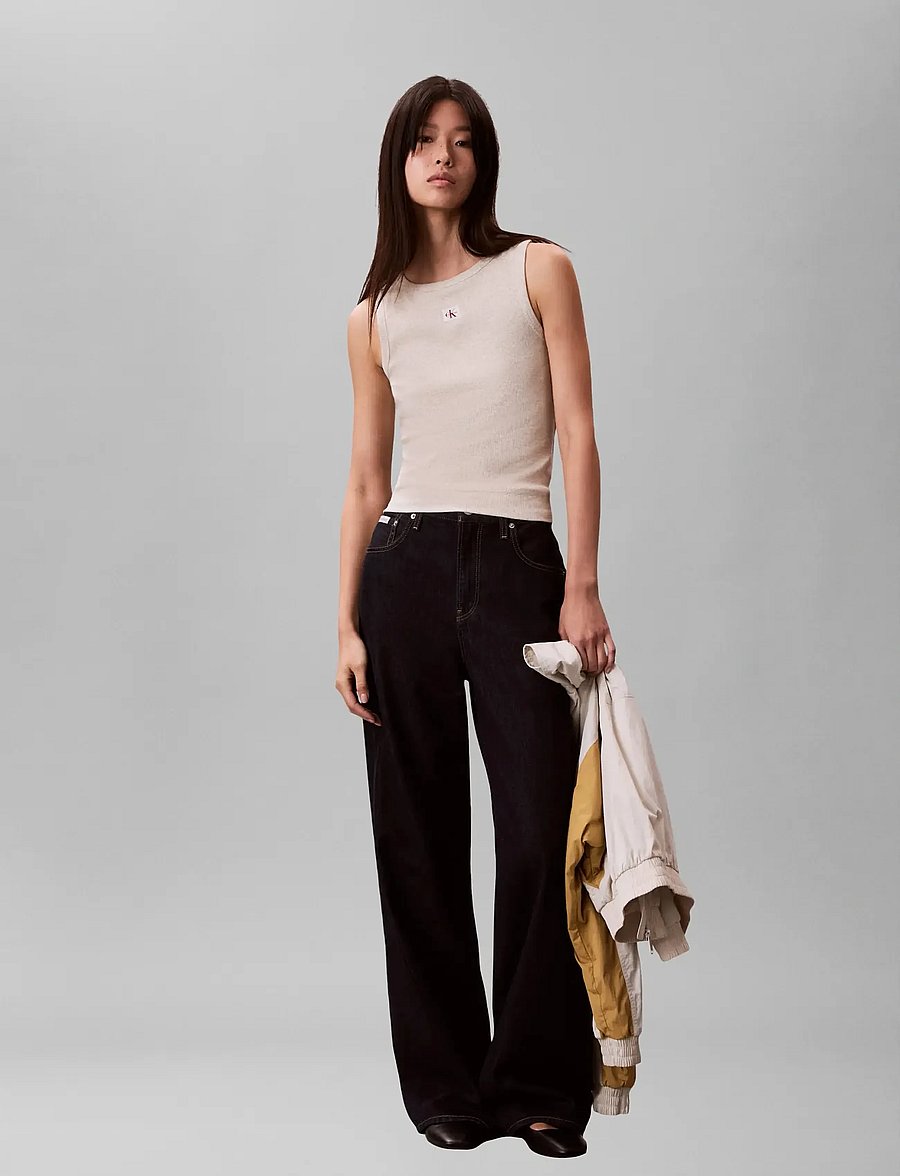 Calvin Klein Jeans - WOVEN LABEL 2X2 BABY RIB TANK - Ärmellose tops - vanilla heather - 0