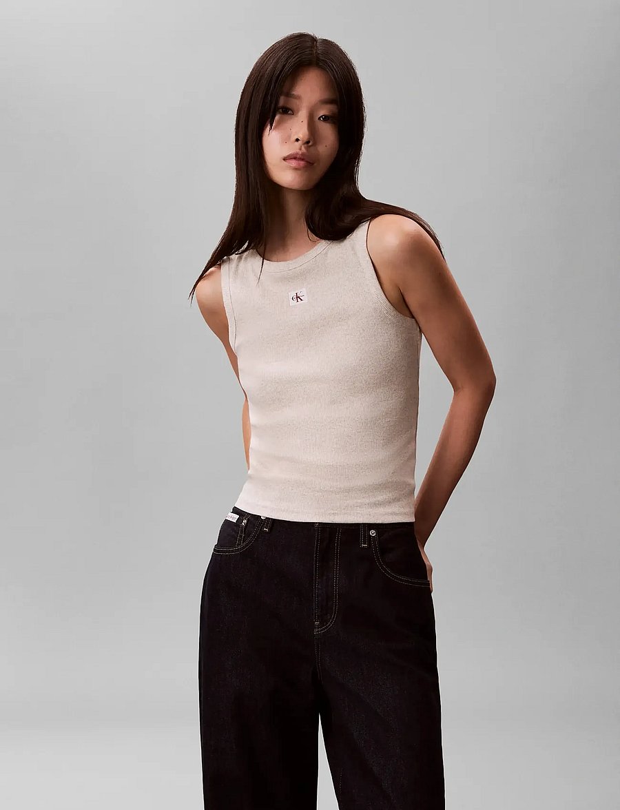 Calvin Klein Jeans - WOVEN LABEL 2X2 BABY RIB TANK - Ärmellose tops - vanilla heather - 3