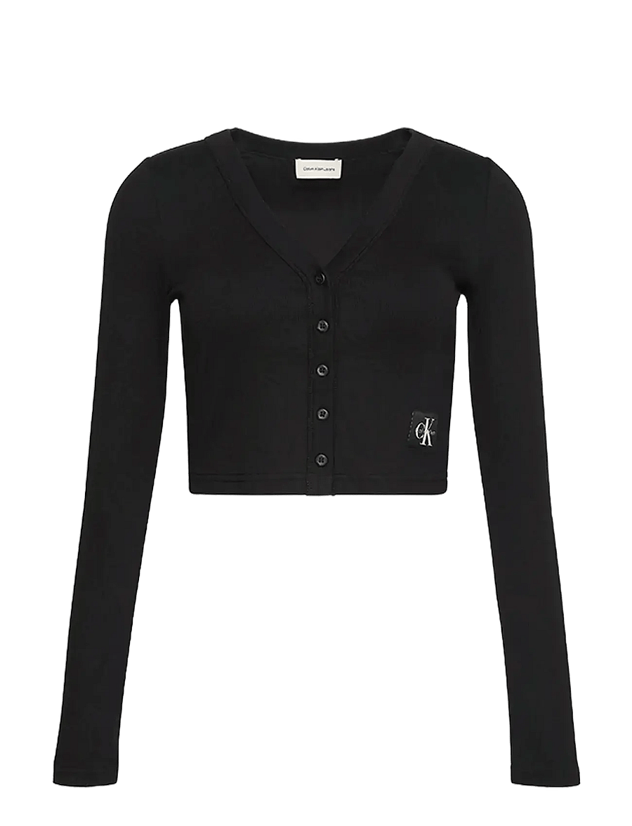 Calvin Klein Jeans - LS WOVEN LABEL 2X2 BABY RIB CARD - strickjacken - black - 1