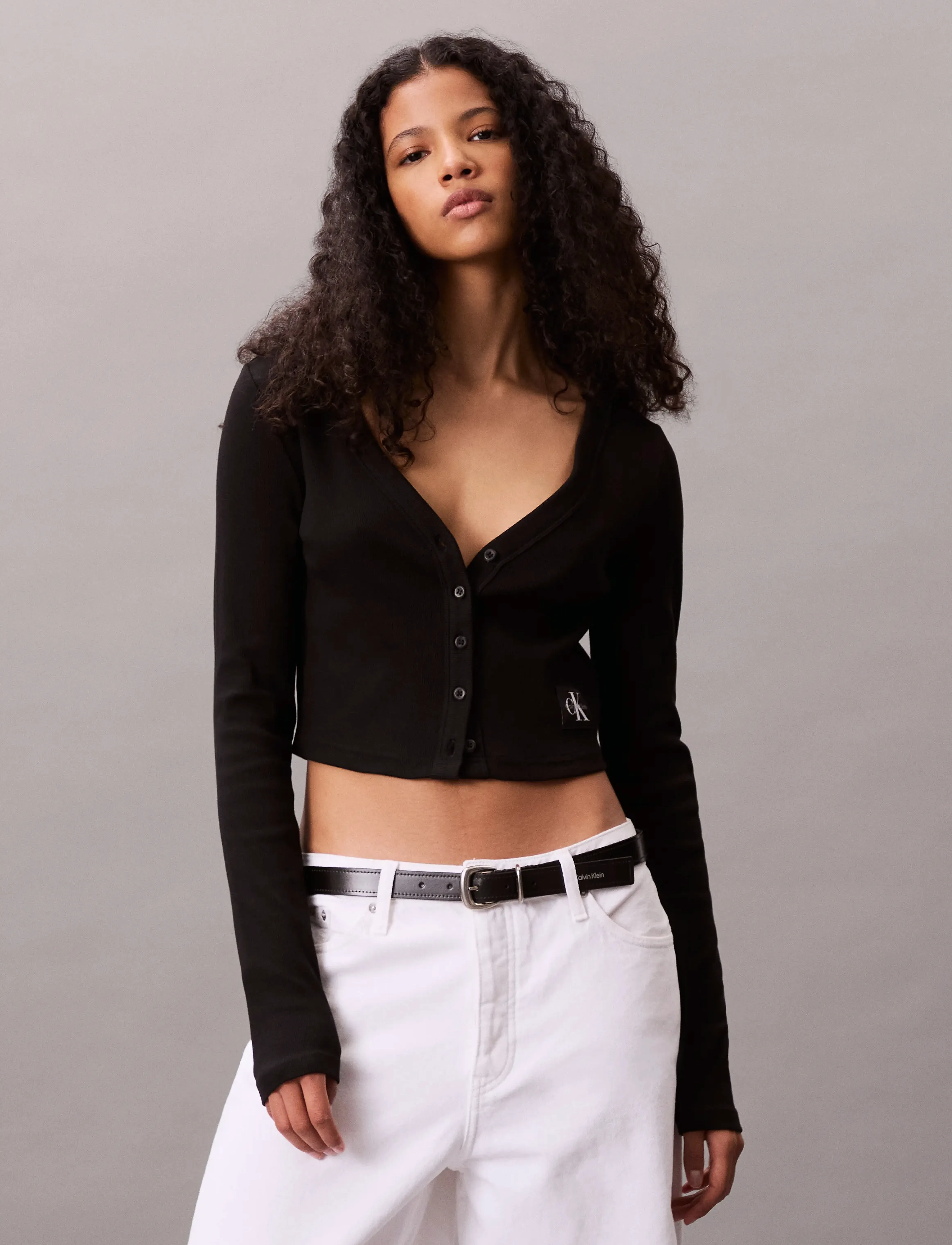 Calvin Klein Jeans Ls Woven Label 2X2 Baby Rib Card, XS, Black, Strik > Cardigans, Dame