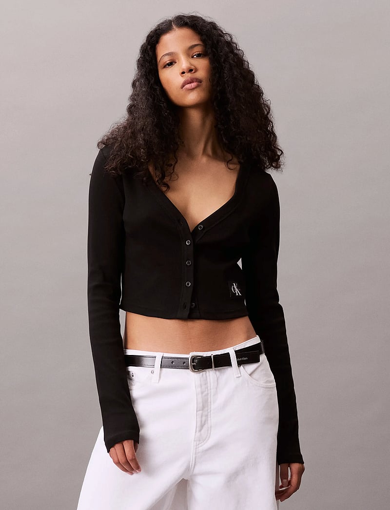 Calvin Klein Jeans - LS WOVEN LABEL 2X2 COTTON RIB CA - cardigans - black - 0