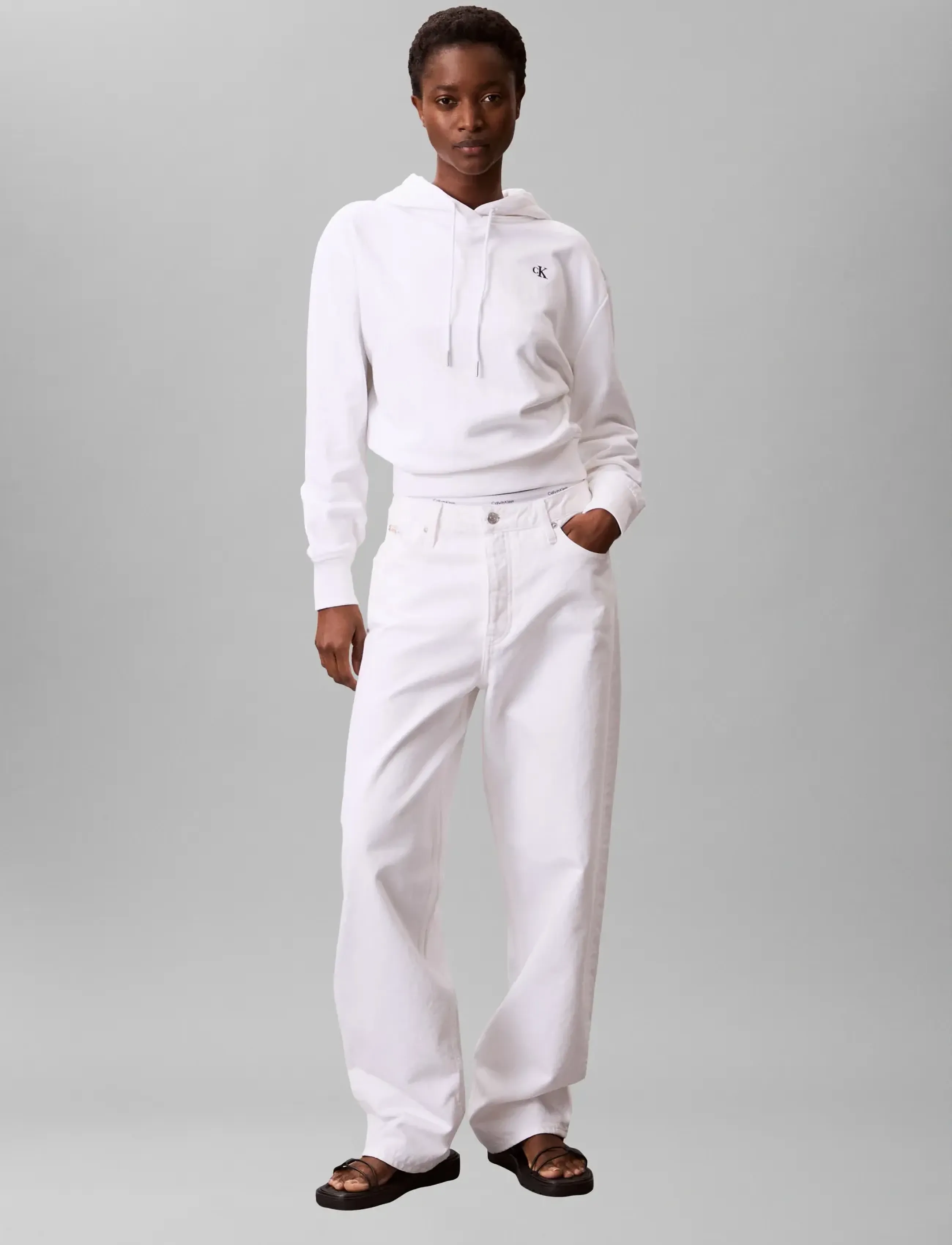 Calvin Klein Jeans LS RLXD MONO FR TERRY PO HOOD - Kapuzenpullover - BRIGHT WHITE / white