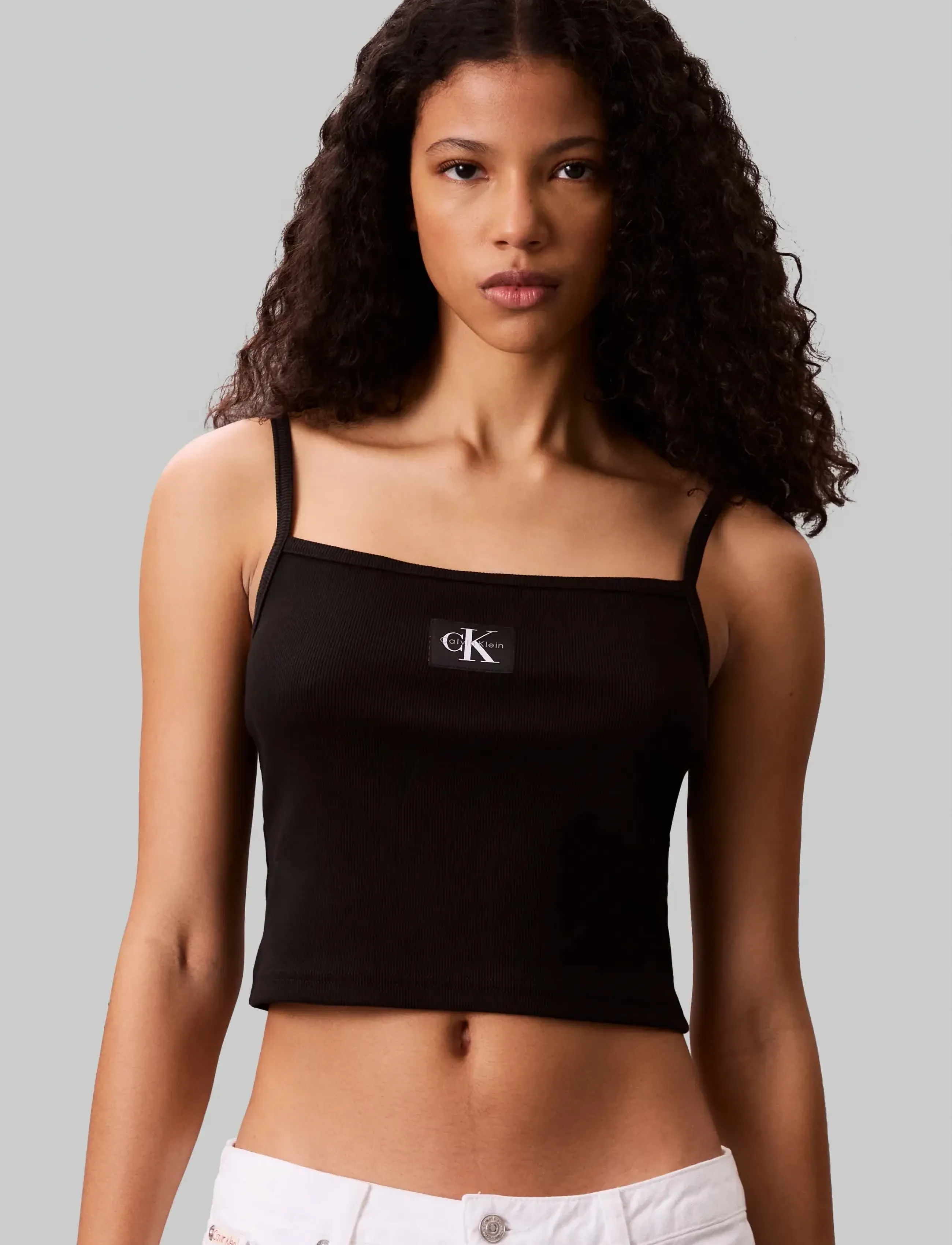 Calvin Klein Jeans A- Woven Label Rib Cami, Kvinder, Ribbet Cami, Sort, Str: XL