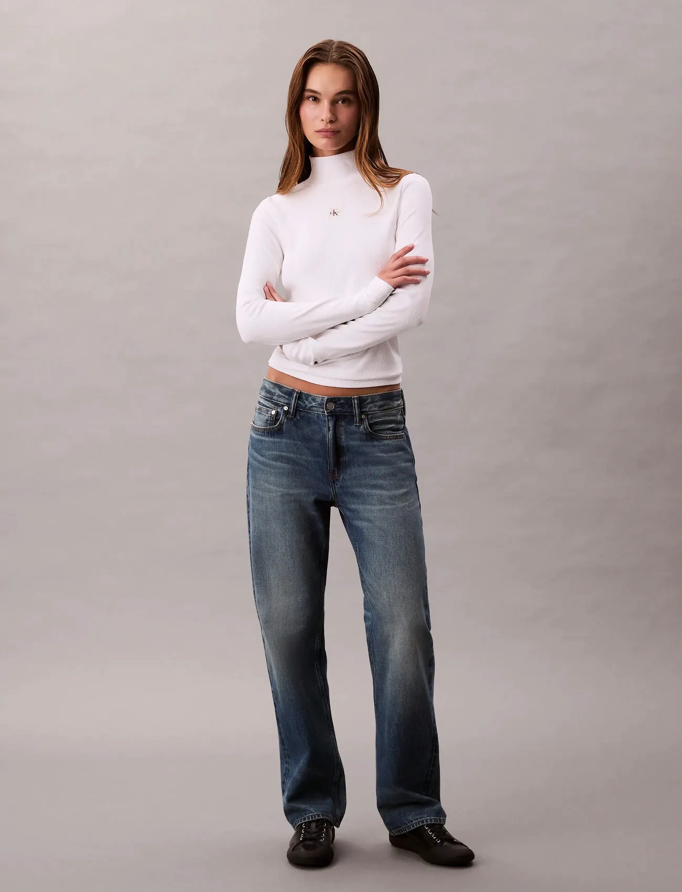 Calvin Klein Jeans LS WOVEN LABEL TURTLENECK - Strickmode - BRILLIANT WHITE / white