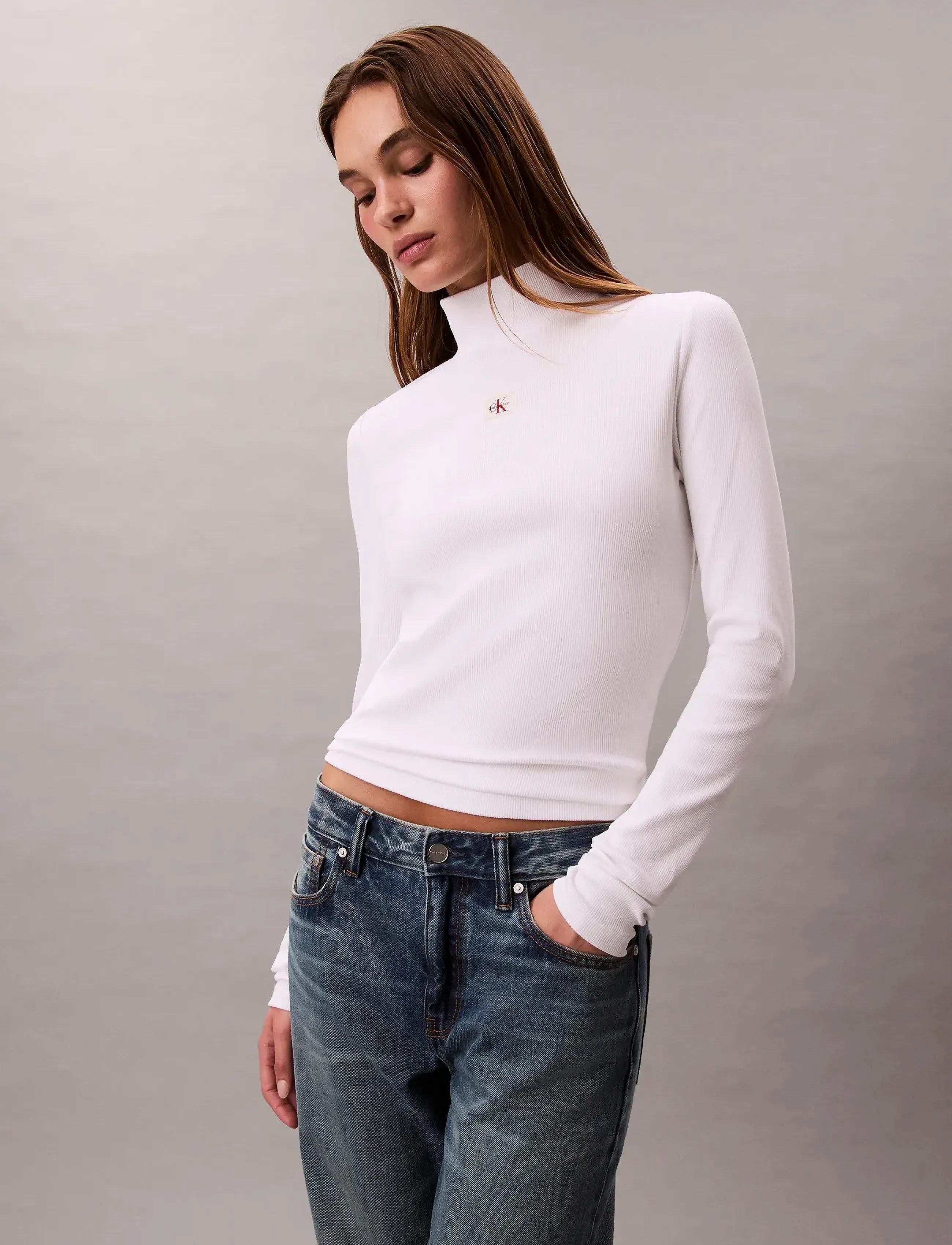 Calvin Klein Jeans - LS WOVEN LABEL TURTLENECK - rollkragenpullover - brilliant white - 2