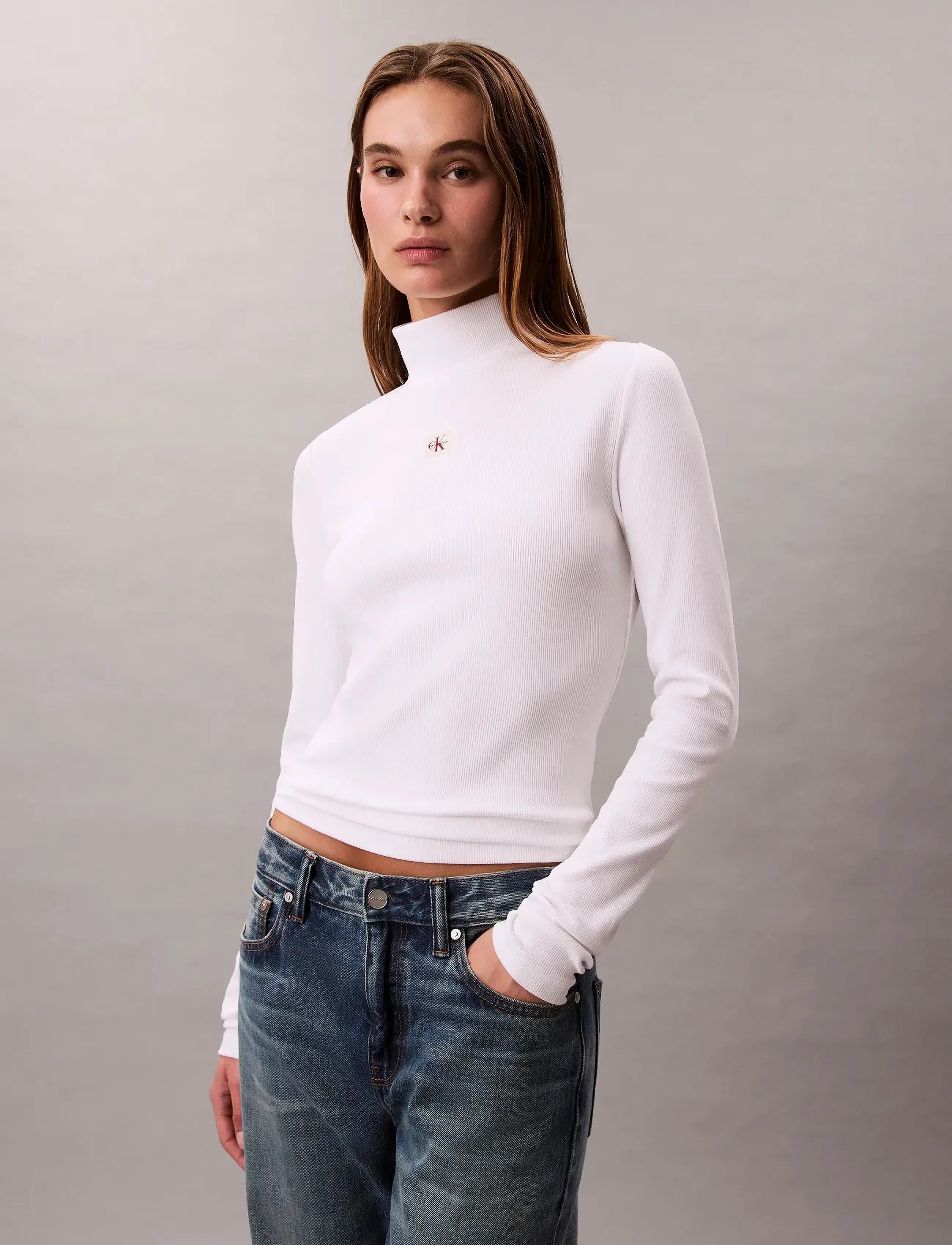 Calvin Klein Jeans - LS WOVEN LABEL TURTLENECK - rollkragenpullover - brilliant white - 3