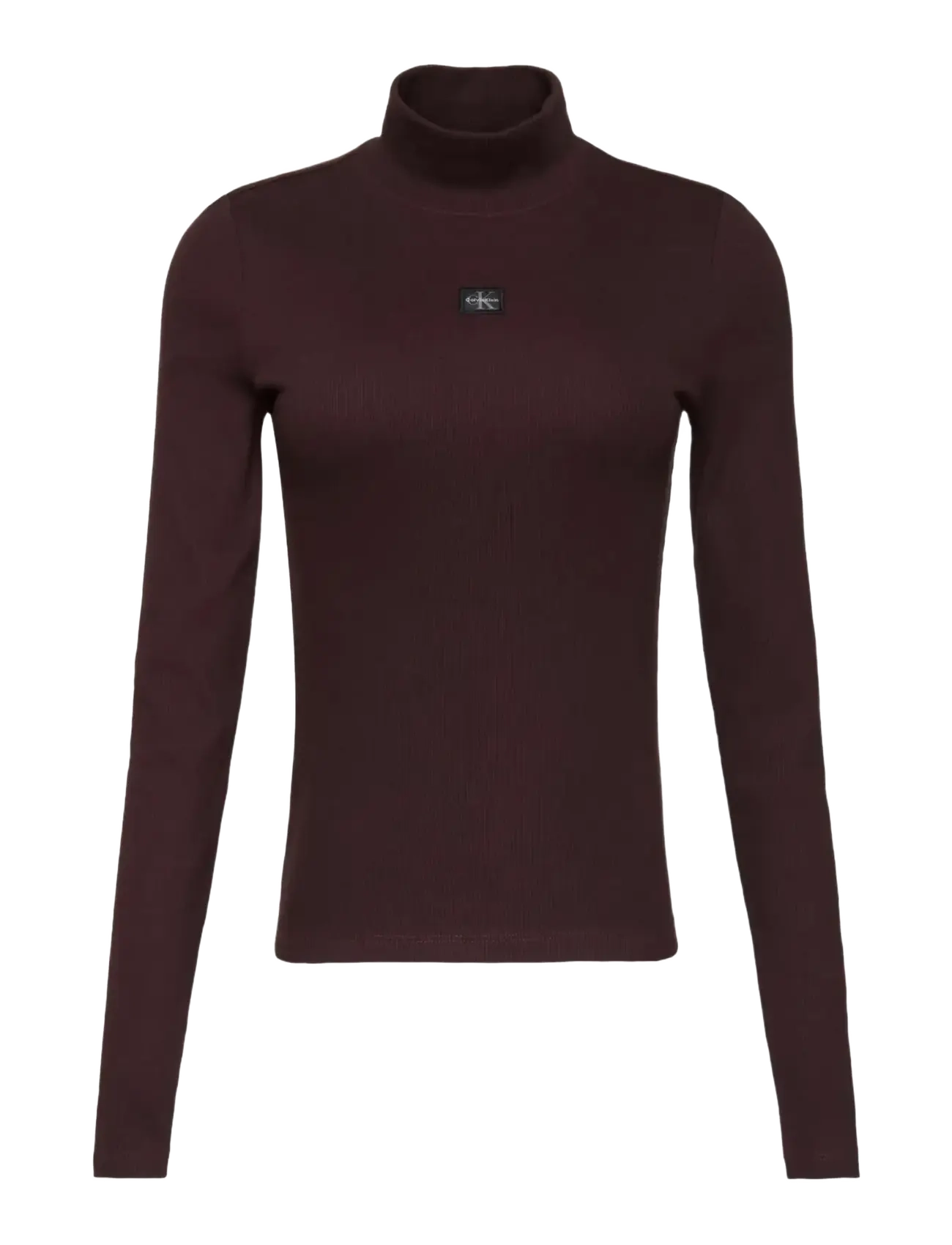 Calvin Klein Jeans LS WOVEN LABEL TURTLENECK - Tøj - MOCHA BROWN / burgundy