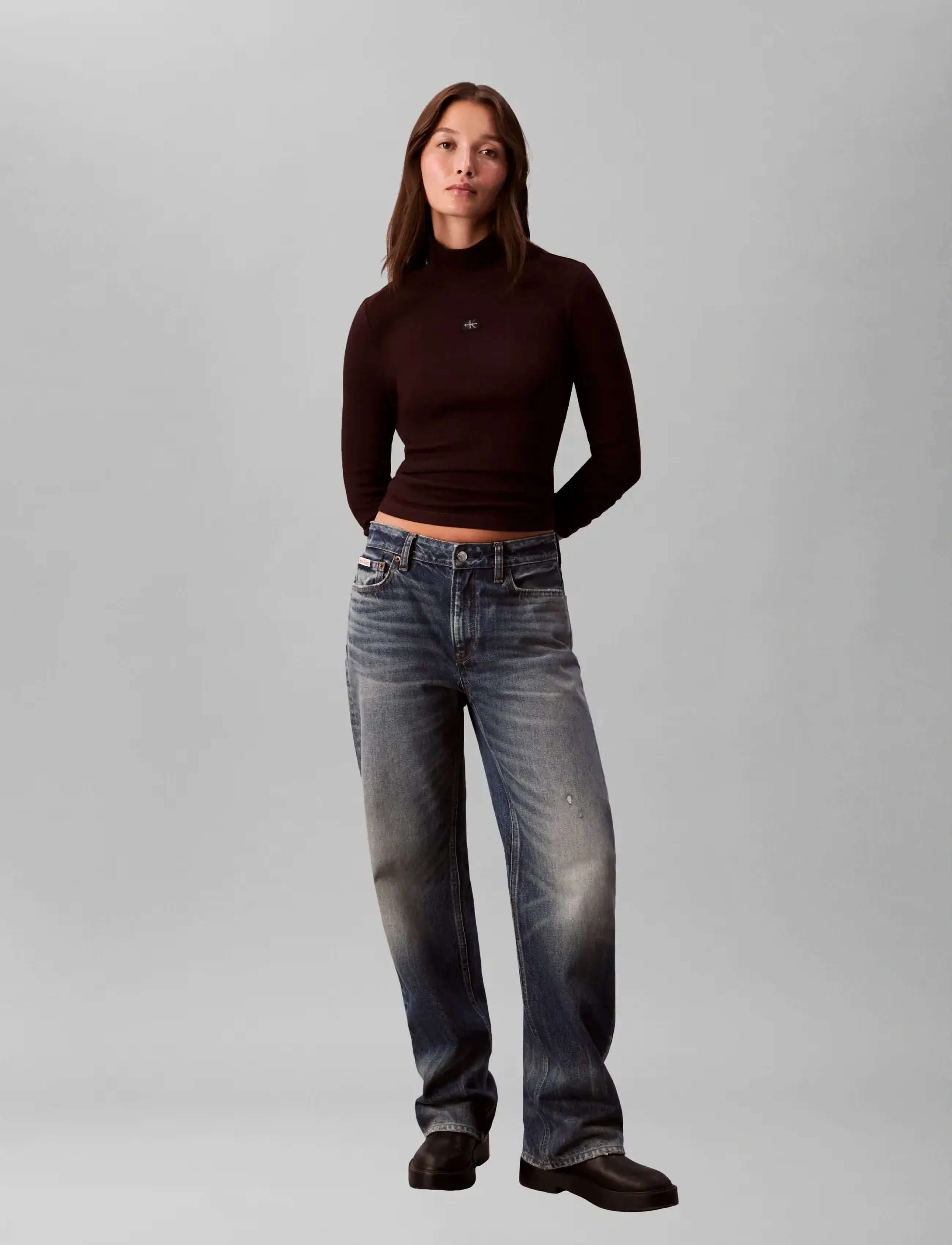 Calvin Klein Jeans LS WOVEN LABEL TURTLENECK - Strickmode - MOCHA BROWN / burgundy