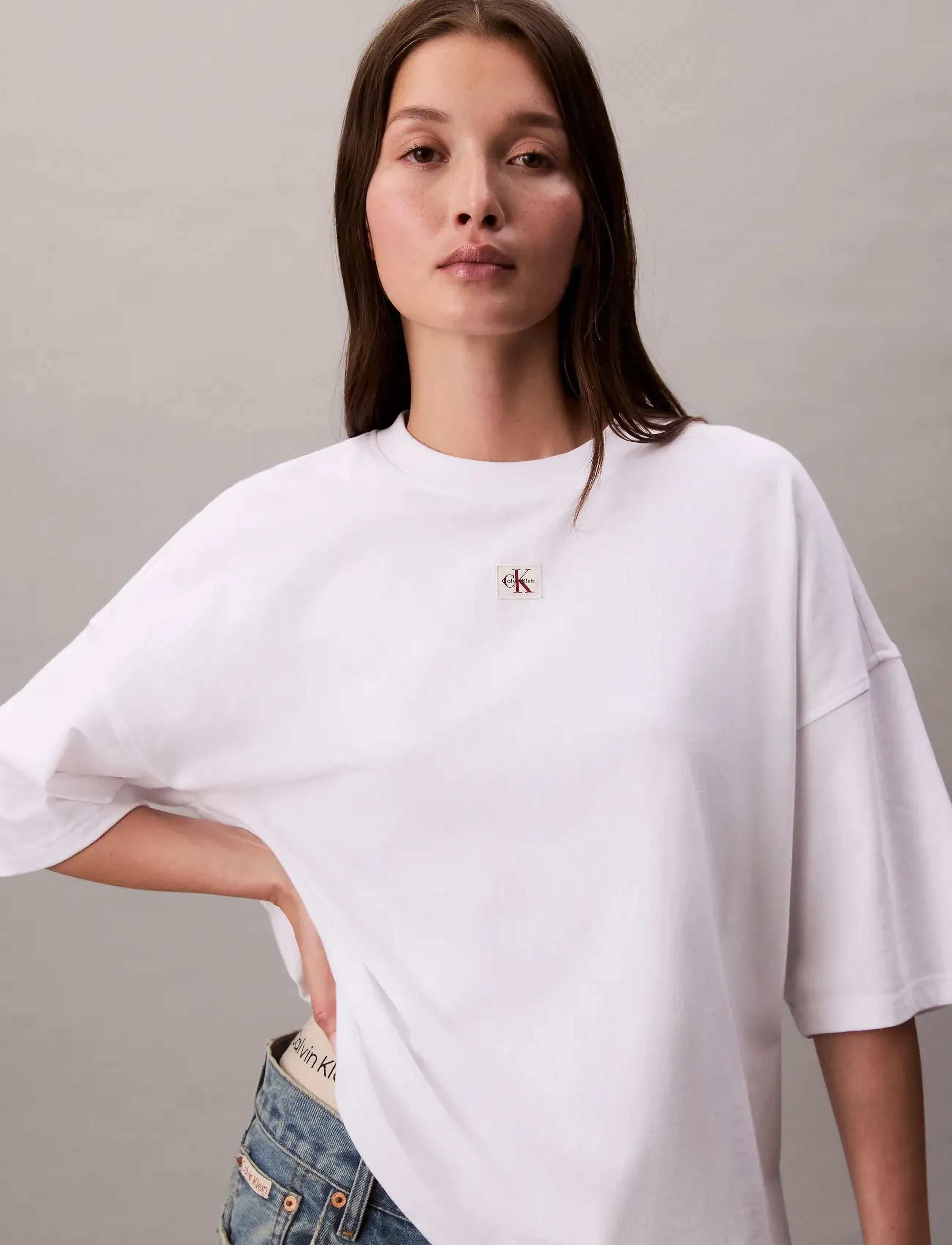 Calvin Klein Jeans Ss Heritage Label Oversized Tee, Kvinder, Kortærmet Oversize T-Shirt, Hvid, Str: S