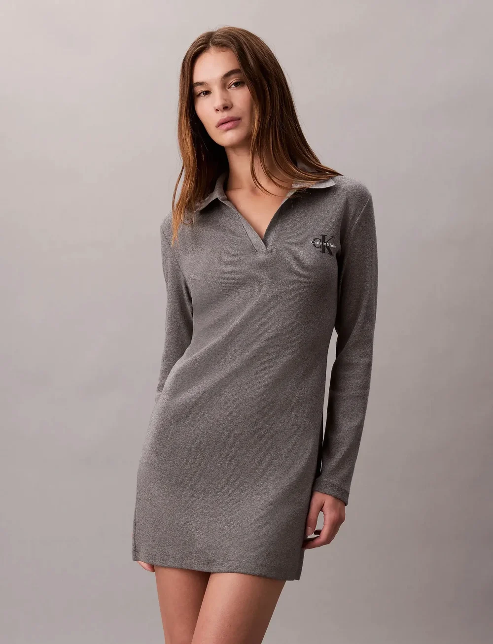 Calvin Klein Jeans - LS MONOLOGO RIB POLO MINI DRESS - skjortekjoler - medium grey heather - 3