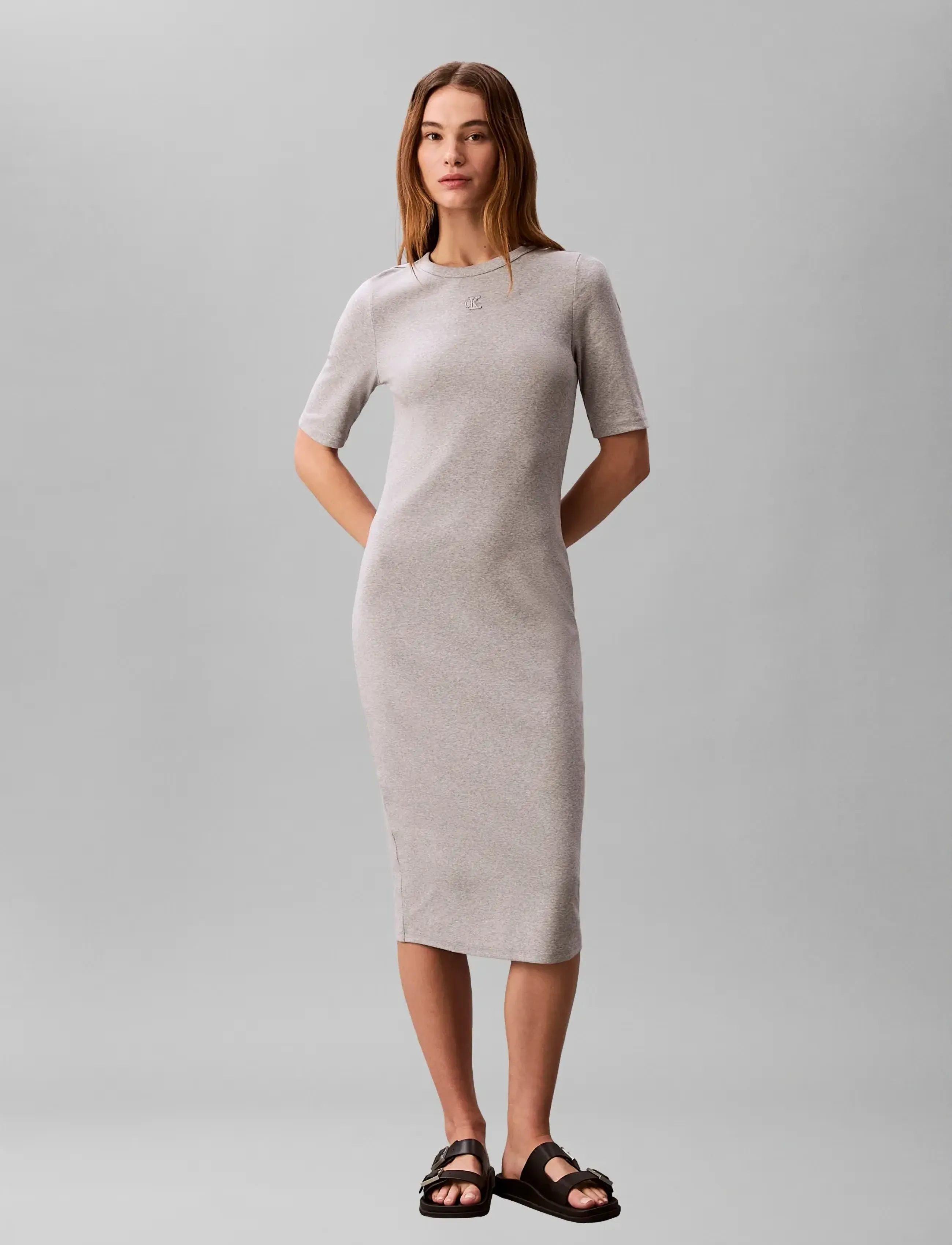 Calvin Klein Jeans HS 1X1 REFINED COTTON RIB MIDI D - Midi Dresses - BC06 GREY HEATHER / grey