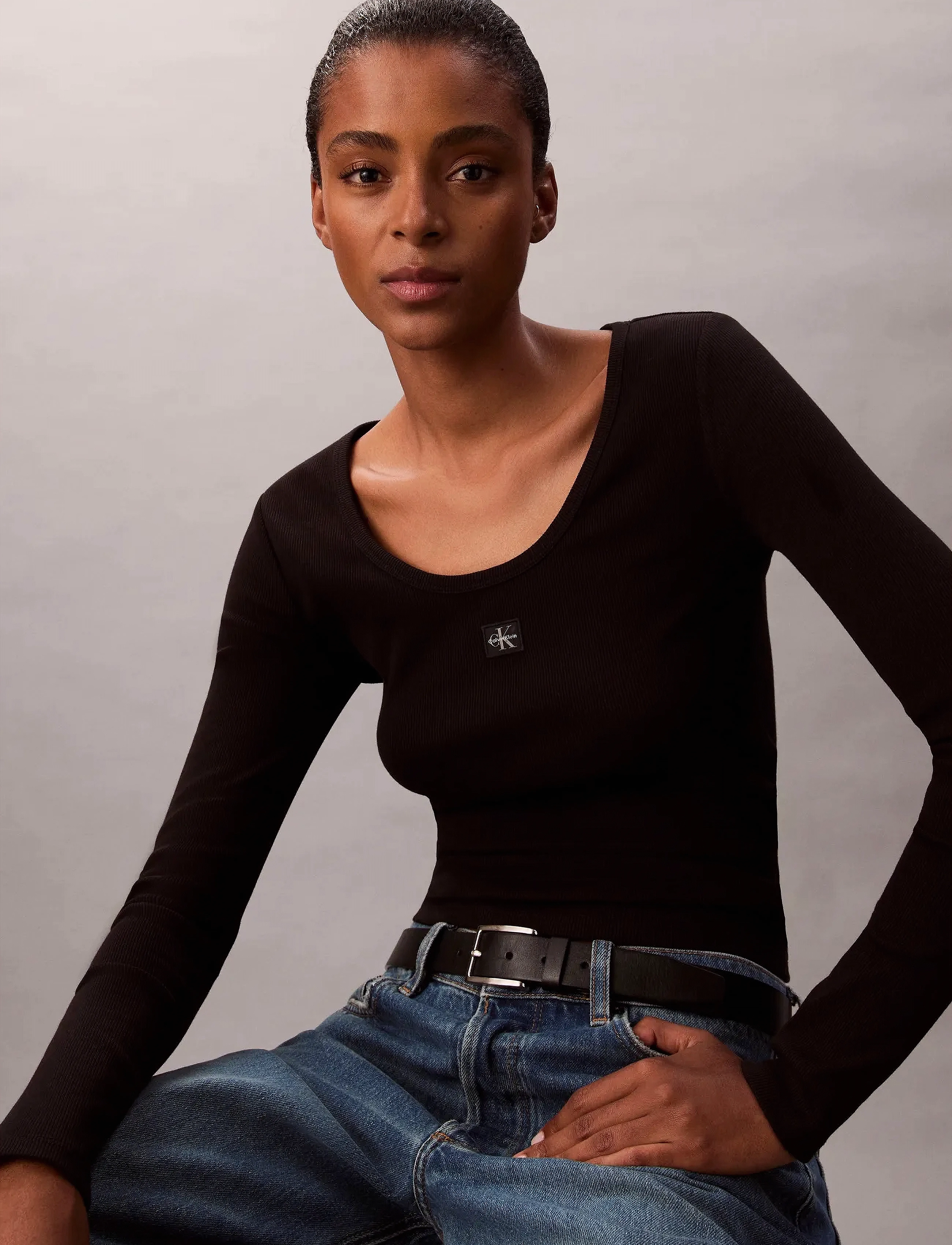 Calvin Klein Jeans Ls Woven Label 2X2 Baby Rib Scoo, XXS, Black, T-Shirts & Toppe > Langærmede, Dame
