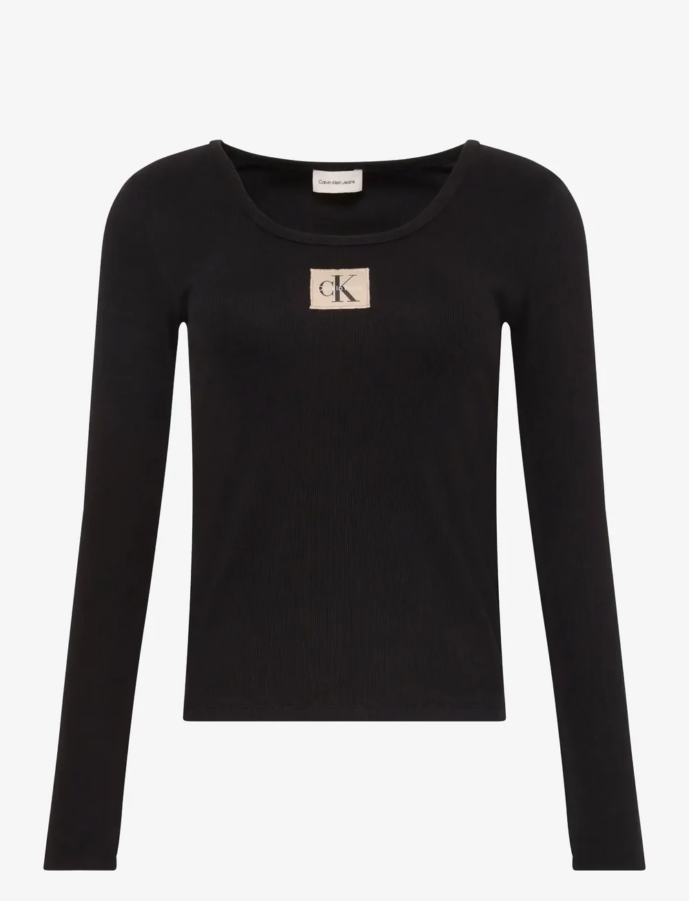 Calvin Klein Jeans - LS WOVEN LABEL 2X2 RIB SCOOP NEC - langärmlige tops - black - 1