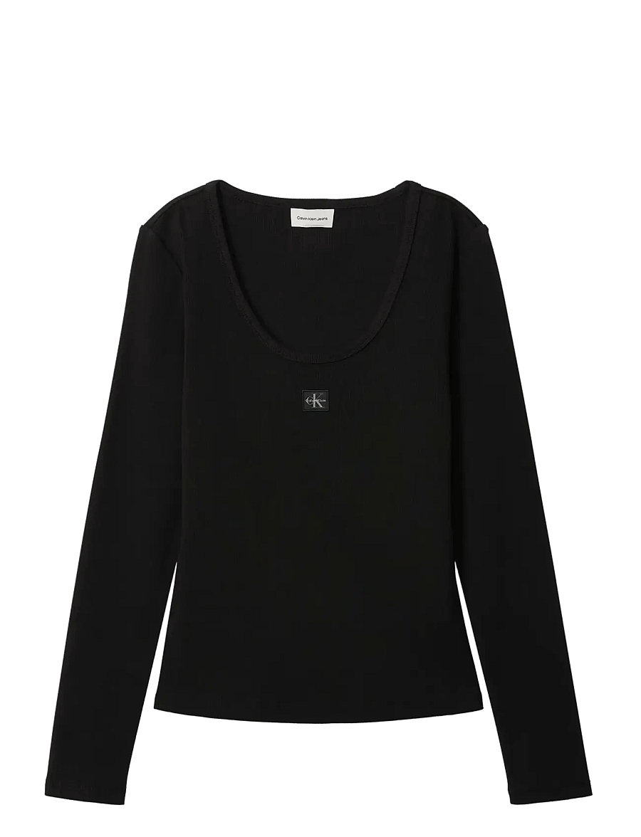 Calvin Klein Jeans - LS WOVEN LABEL 2X2 BABY RIB SCOO - langärmlige tops - black - 1
