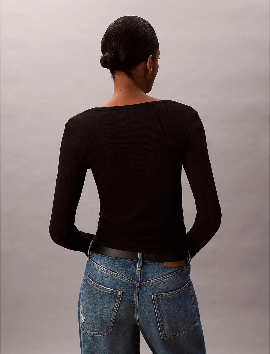 Calvin Klein Jeans - LS WOVEN LABEL 2X2 BABY RIB SCOO - langärmlige tops - black - 3