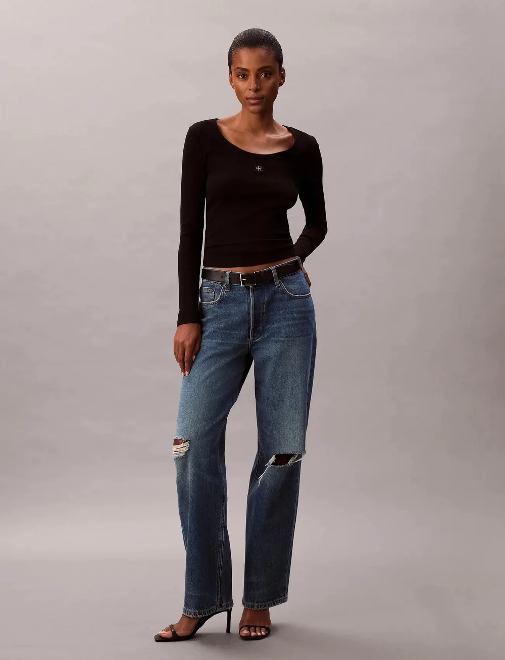 Calvin Klein Jeans - LS WOVEN LABEL 2X2 RIB SCOOP NEC - langärmlige tops - black - 4