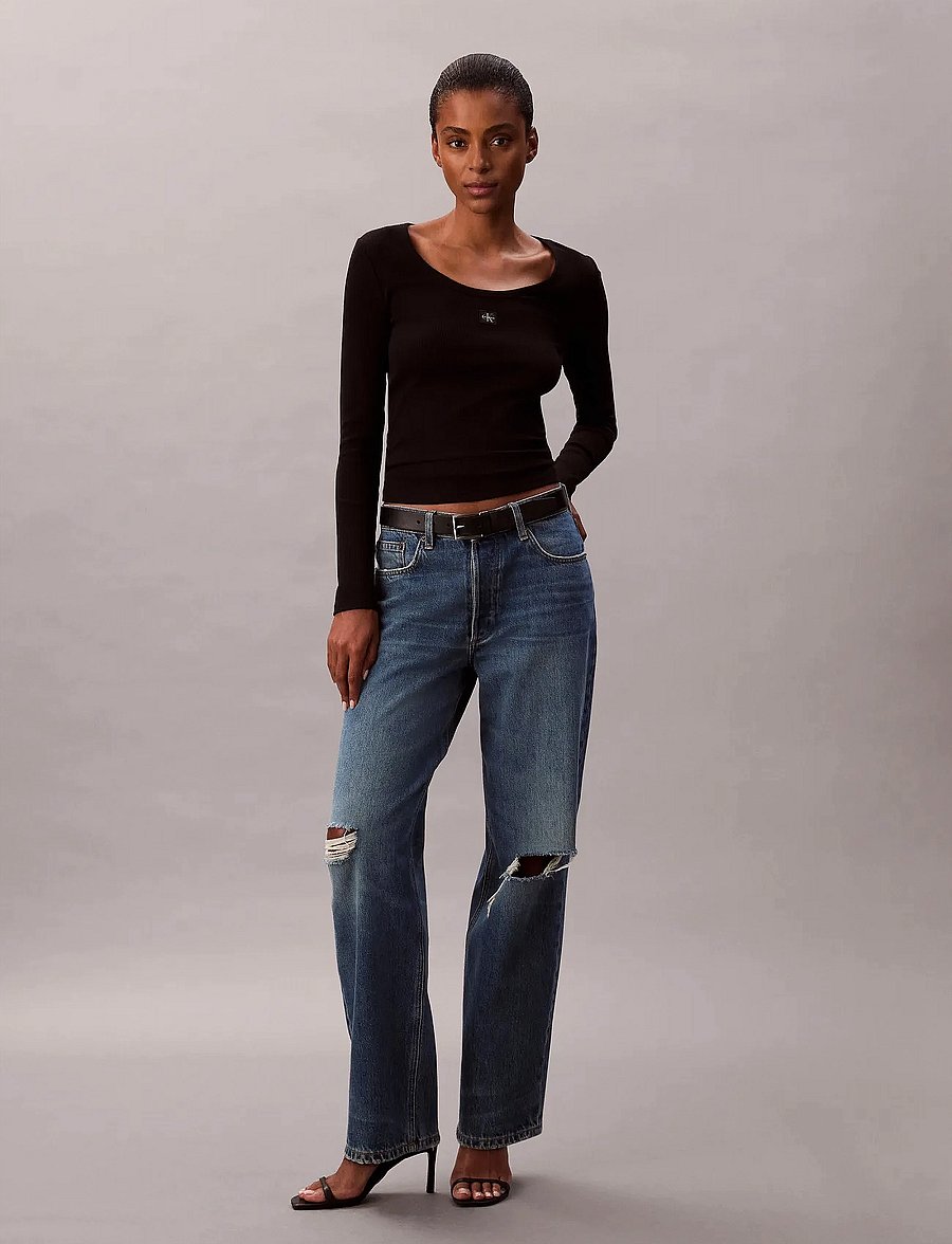 Calvin Klein Jeans - LS WOVEN LABEL 2X2 BABY RIB SCOO - langärmlige tops - black - 4