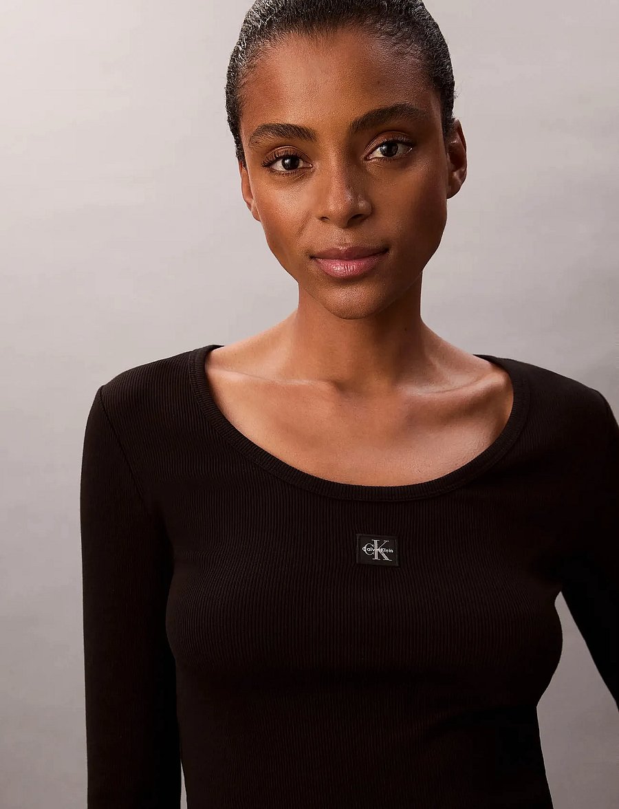 Calvin Klein Jeans - LS WOVEN LABEL 2X2 BABY RIB SCOO - langärmlige tops - black - 5
