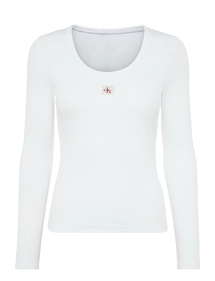 Calvin Klein Jeans - LS WOVEN LABEL 2X2 BABY RIB SCOO - langærmede toppe - bright white - 1