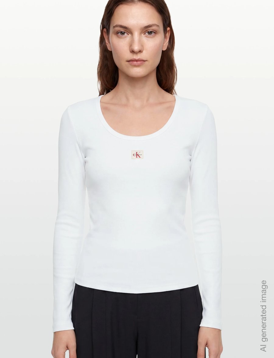 Calvin Klein Jeans - LS WOVEN LABEL 2X2 BABY RIB SCOO - langærmede toppe - bright white - 3