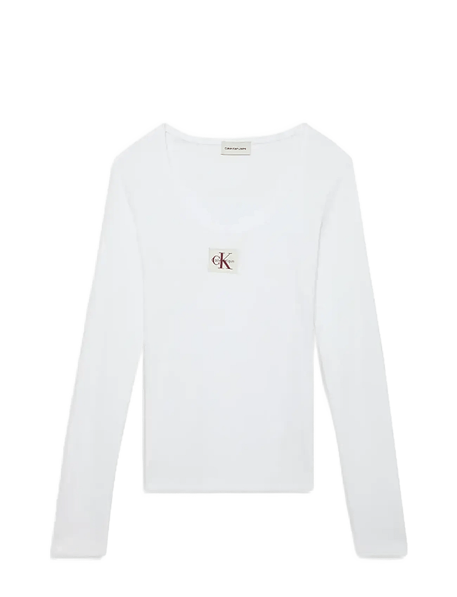 Calvin Klein Jeans - LS WOVEN LABEL 2X2 BABY RIB SCOO - langærmede toppe - brilliant white - 1