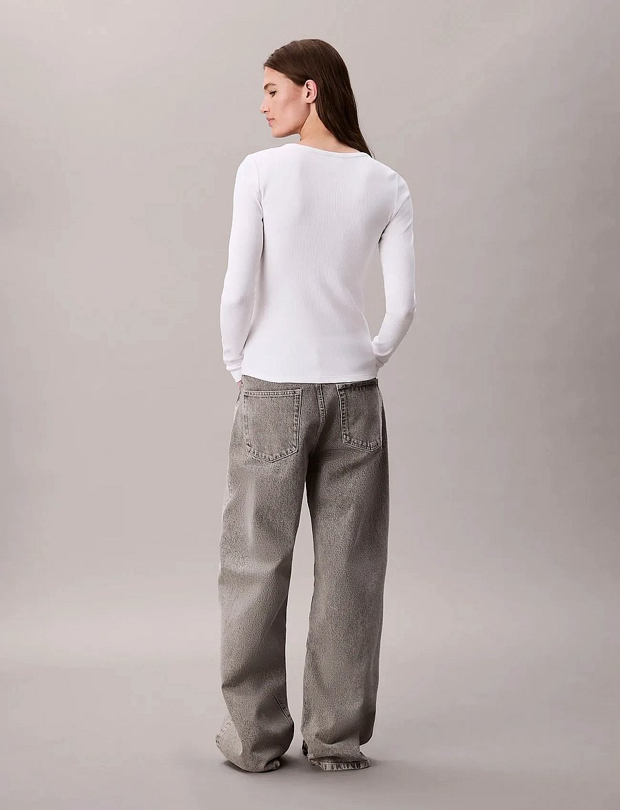 Calvin Klein Jeans - LS WOVEN LABEL 2X2 BABY RIB SCOO - langærmede toppe - brilliant white - 2