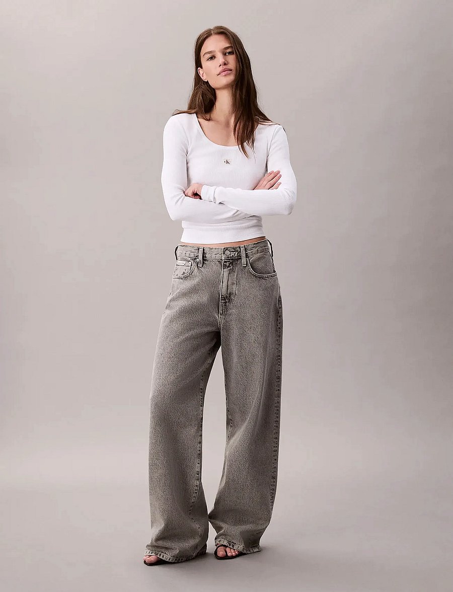 Calvin Klein Jeans - LS WOVEN LABEL 2X2 BABY RIB SCOO - langærmede toppe - brilliant white - 4