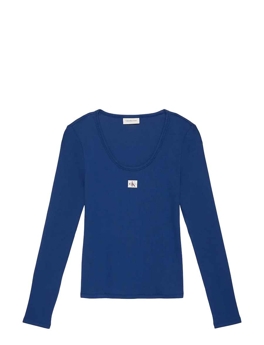 Calvin Klein Jeans - LS WOVEN LABEL 2X2 BABY RIB SCOO - långärmade toppar - estate blue - 1