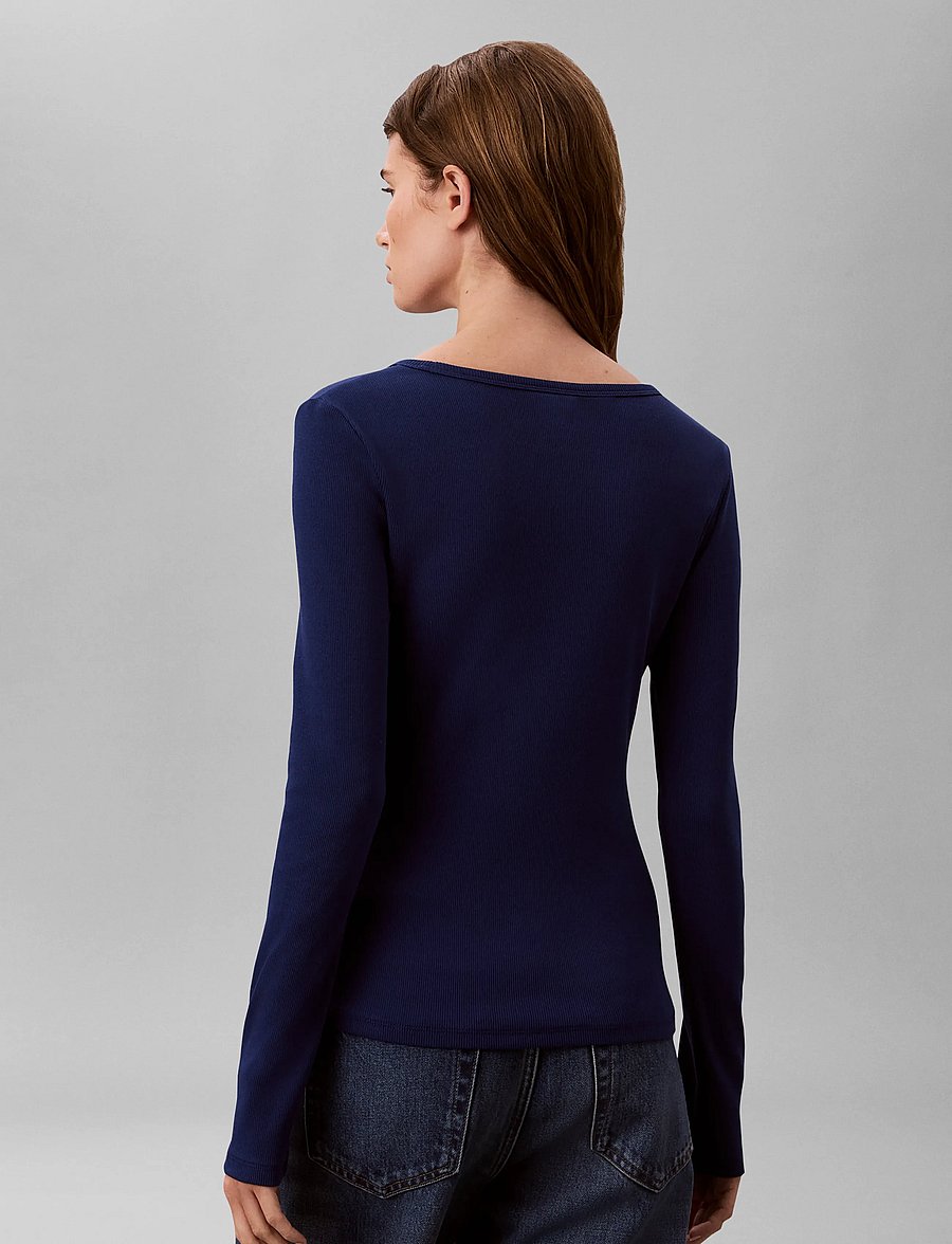 Calvin Klein Jeans - LS WOVEN LABEL 2X2 BABY RIB SCOO - långärmade toppar - estate blue - 2