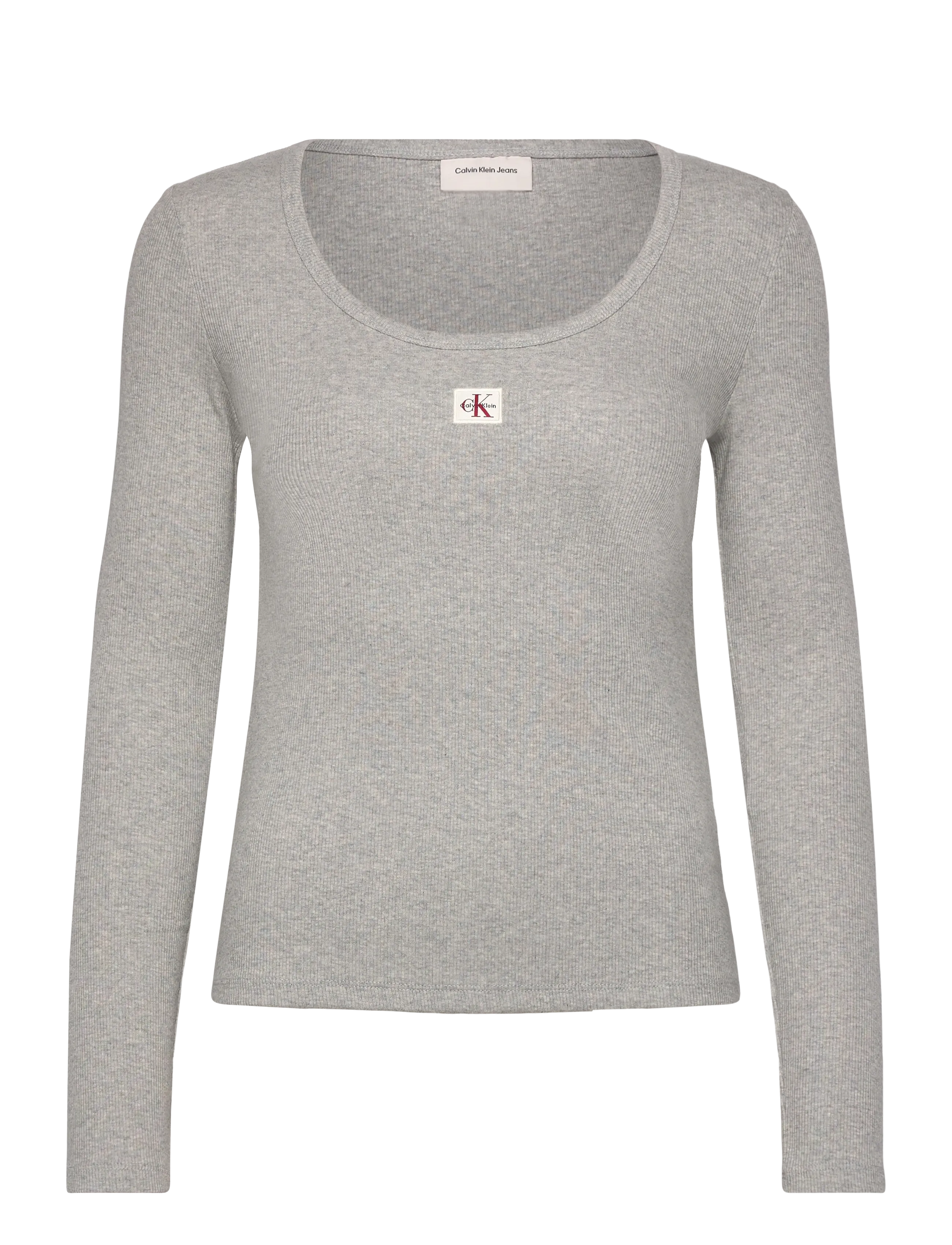 CALVIN KLEIN JEANS Ls Woven Label 2X2 Baby Rib Scoo Grau - XS - Damen