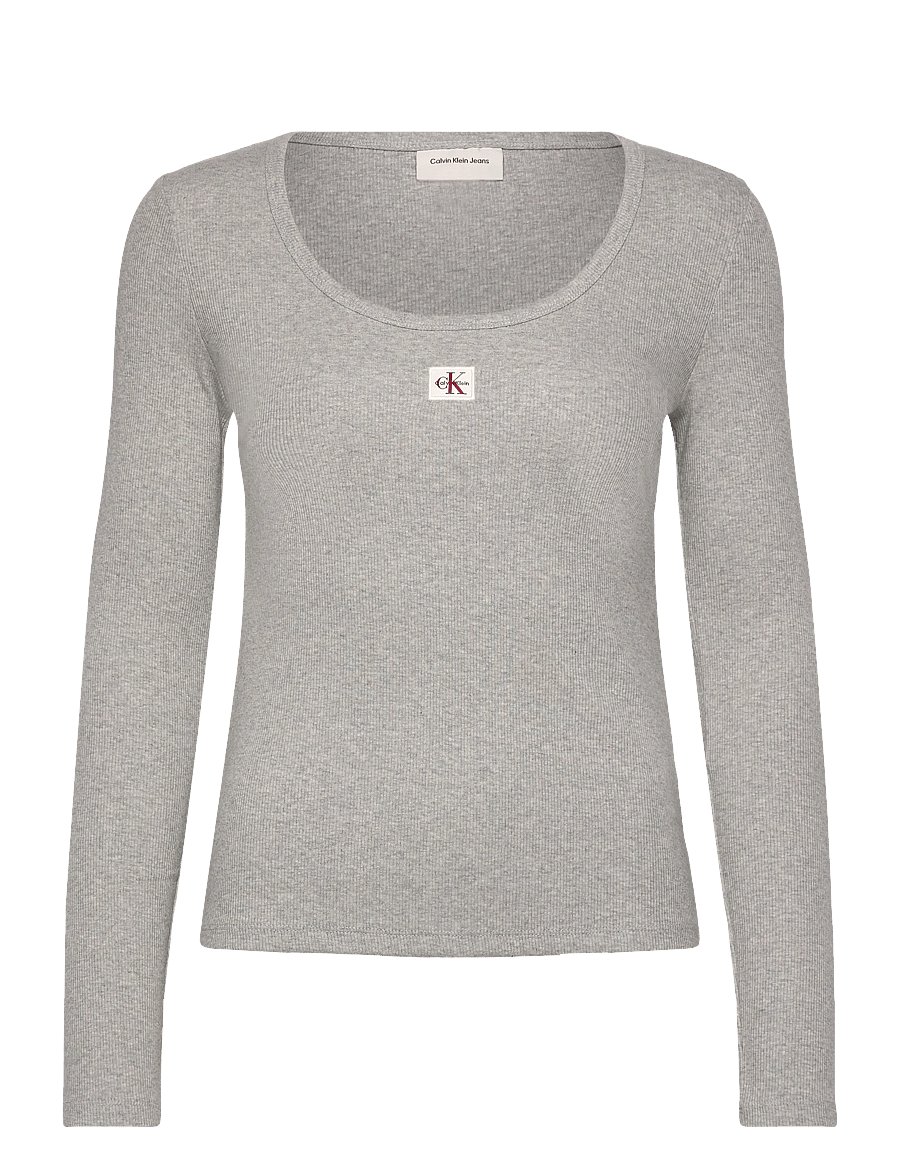 Calvin Klein Jeans - LS WOVEN LABEL 2X2 BABY RIB SCOO - pikkade varrukatega topid - history grey heather - 1