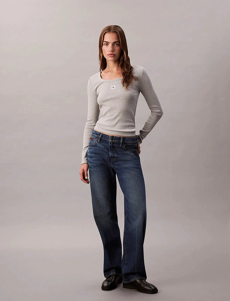 Calvin Klein Jeans - LS WOVEN LABEL 2X2 BABY RIB SCOO - pikkade varrukatega topid - history grey heather - 3