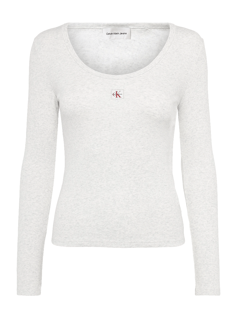 Calvin Klein Jeans - LS WOVEN LABEL 2X2 BABY RIB SCOO - langärmlige tops - snow heather - 1