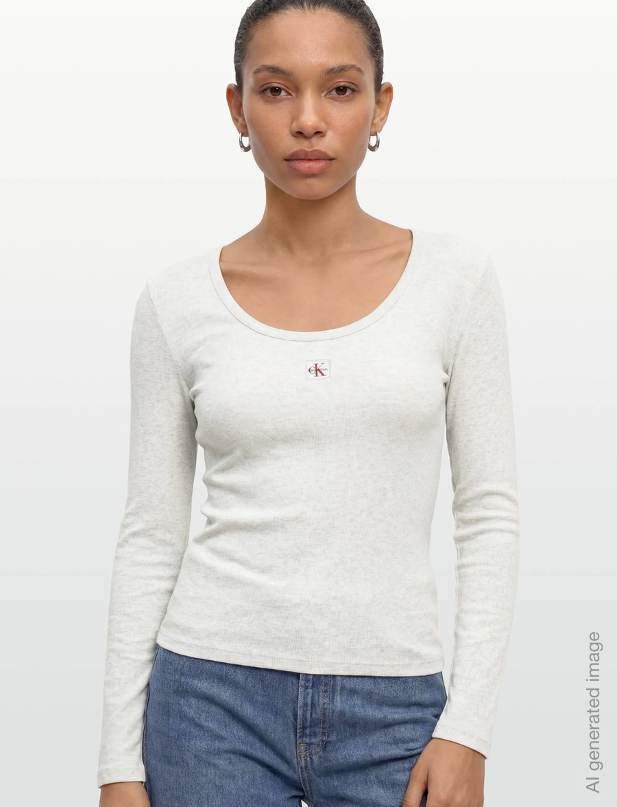 Calvin Klein Jeans - LS WOVEN LABEL 2X2 BABY RIB SCOO - langärmlige tops - snow heather - 3