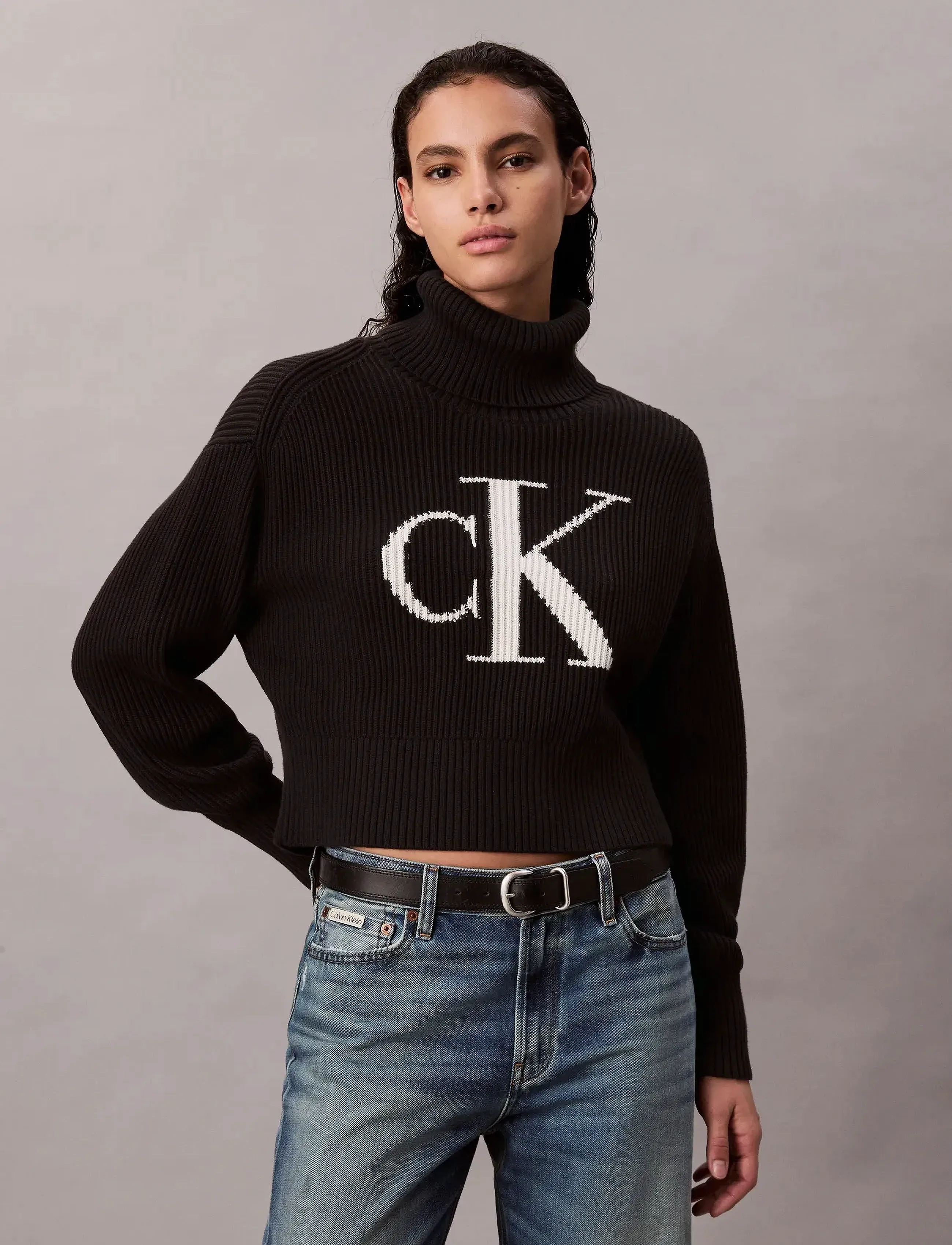 Calvin Klein Jeans BLOWN UP CK LOOSE SWEATER CONTRA - Knitwear - BLACK / black