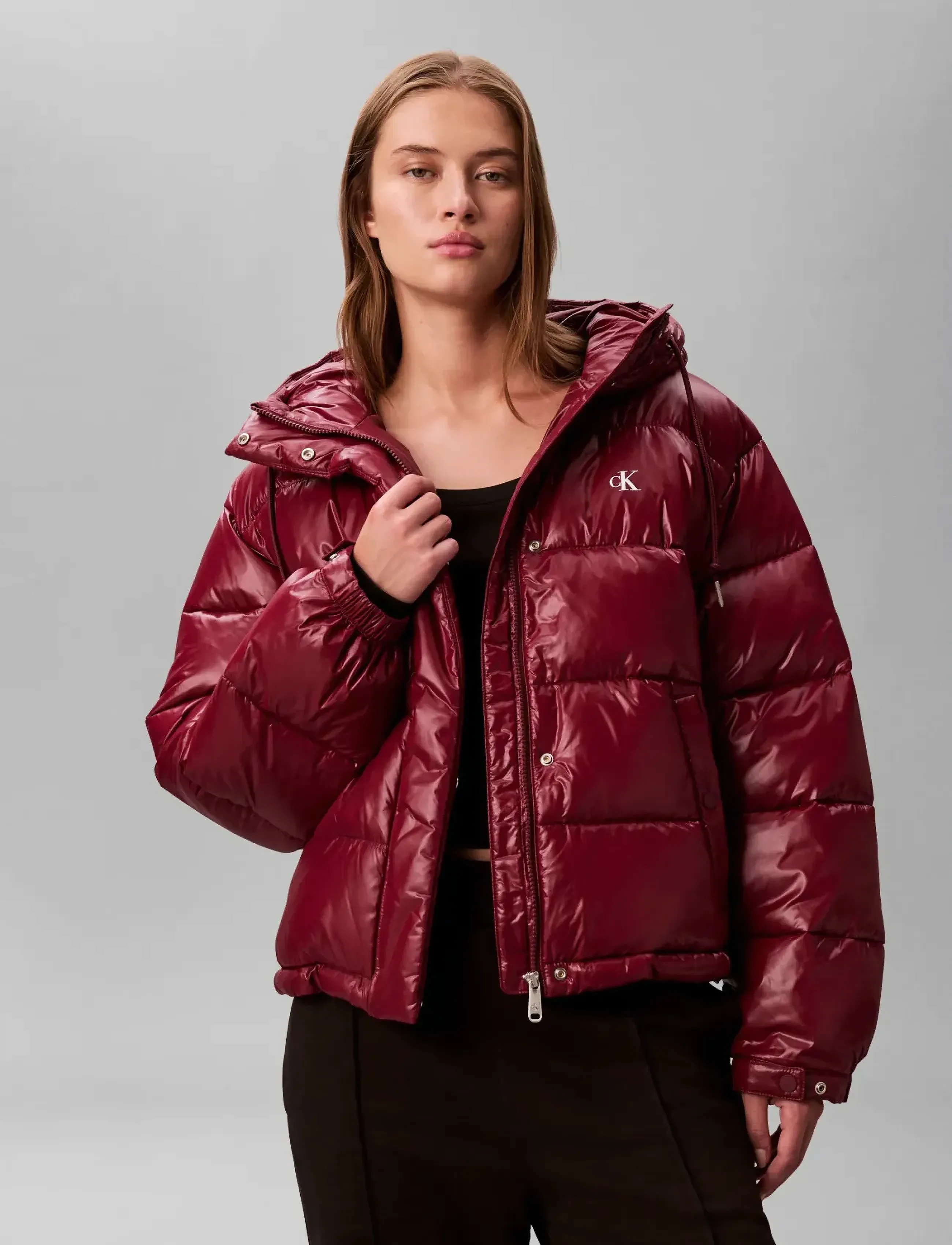 Calvin Klein Jeans Shine Puffer Jacket, Kvinder, Blank Dynejakke, Bordeaux, Str: M