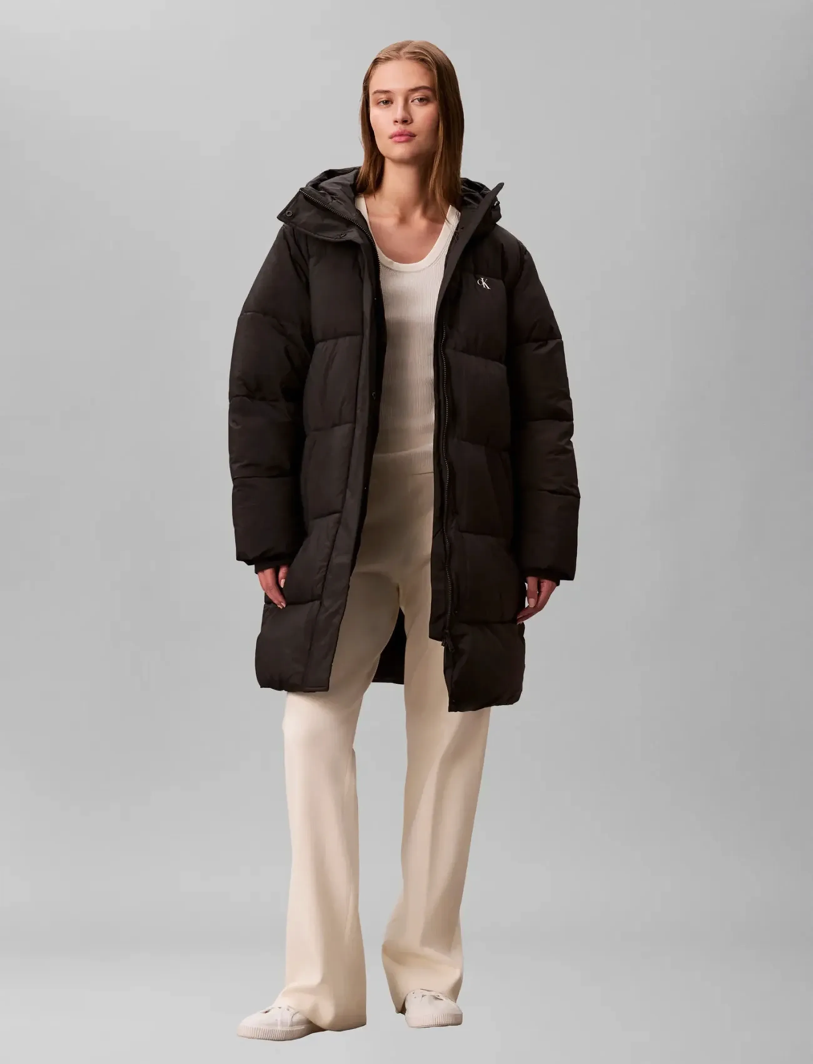 Calvin Klein Jeans Belted Midweight Long Puffer, Kvinder, Bæltet Lang Hætte Pufferfrakke, Sort, Str: XL