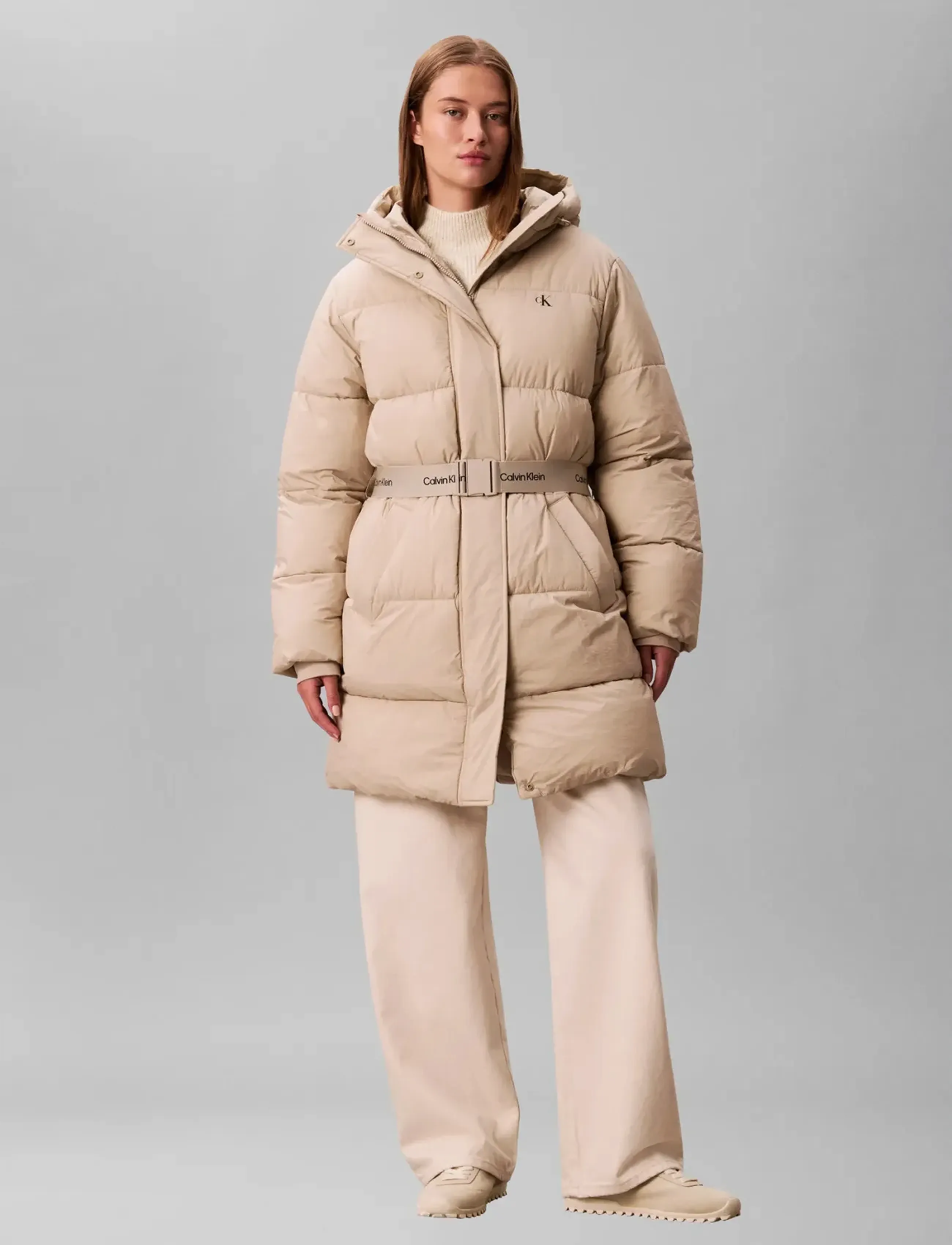 Calvin Klein Jeans Belted Midweight Long Puffer, L, Jackets, Beige - Padded Jacket, Frauen
