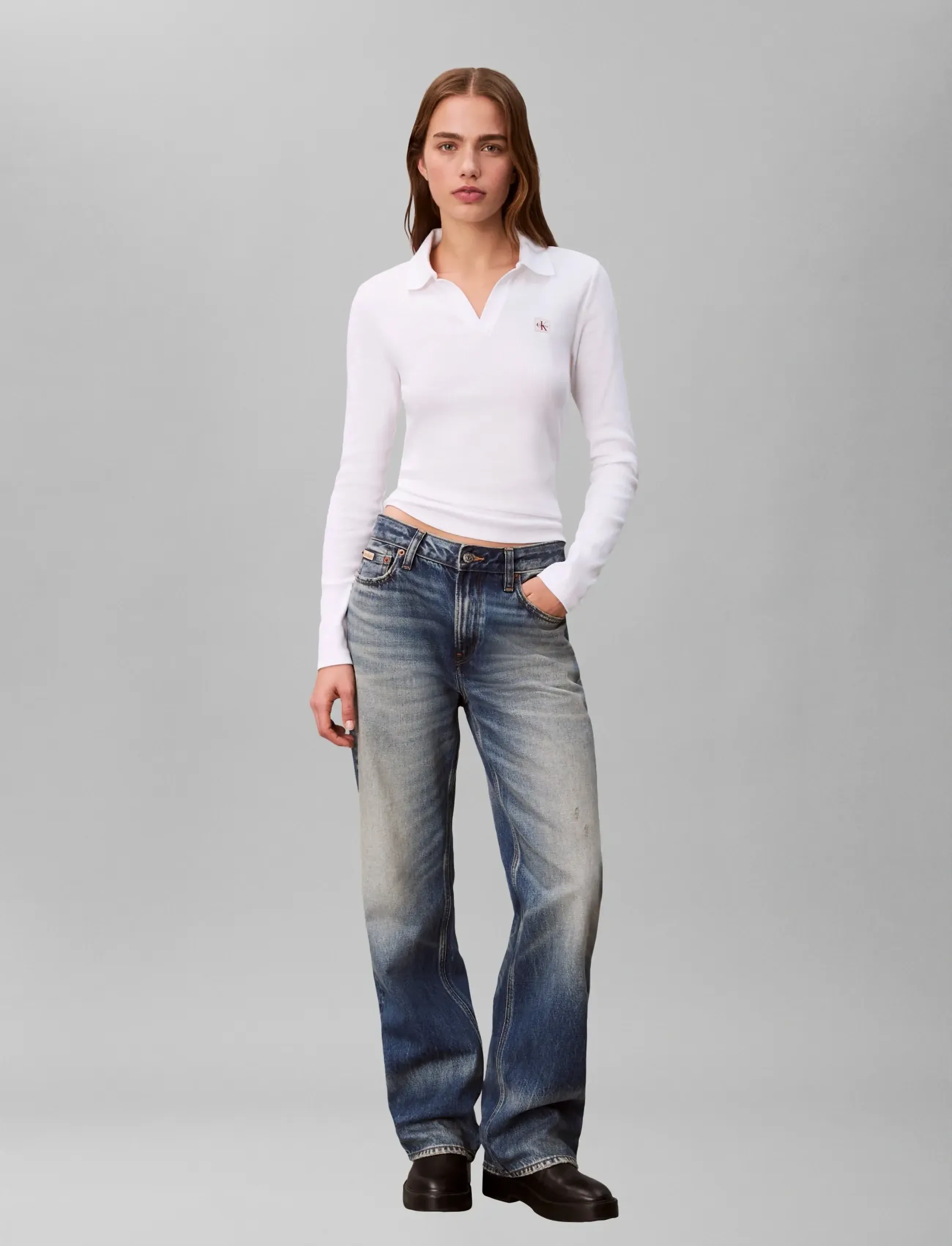 Calvin Klein Jeans LS WOVEN LABEL 2X2 RIB JOHNNY CO - Langermede topper - BRILLIANT WHITE / white