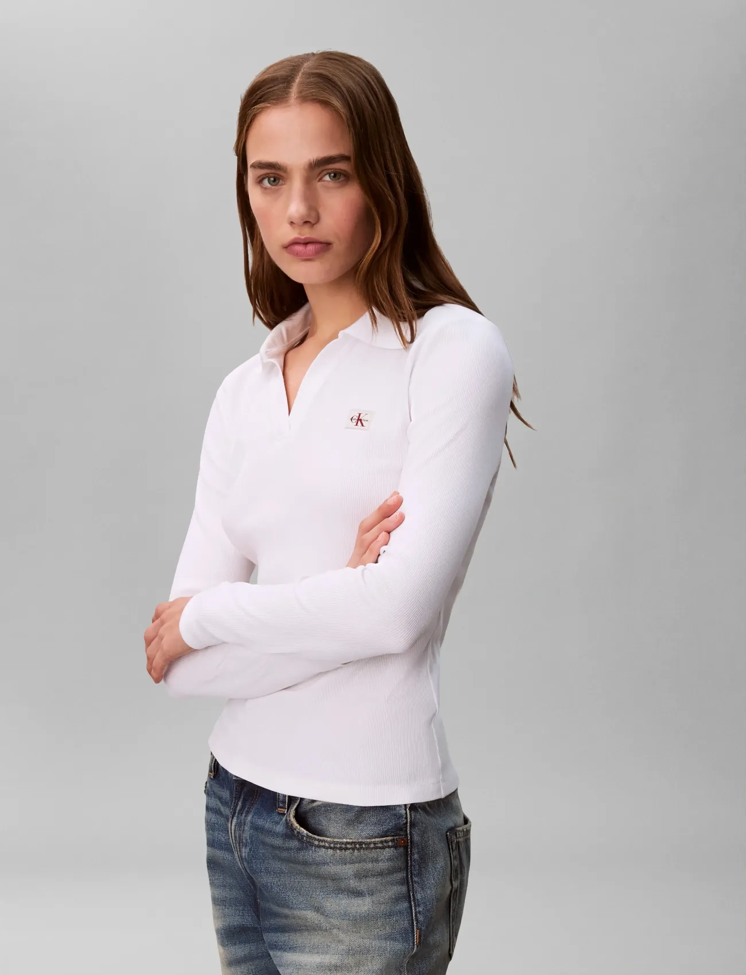 Calvin Klein Jeans - LS WOVEN LABEL 2X2 RIB JOHNNY CO - poloshirts - brilliant white - 3