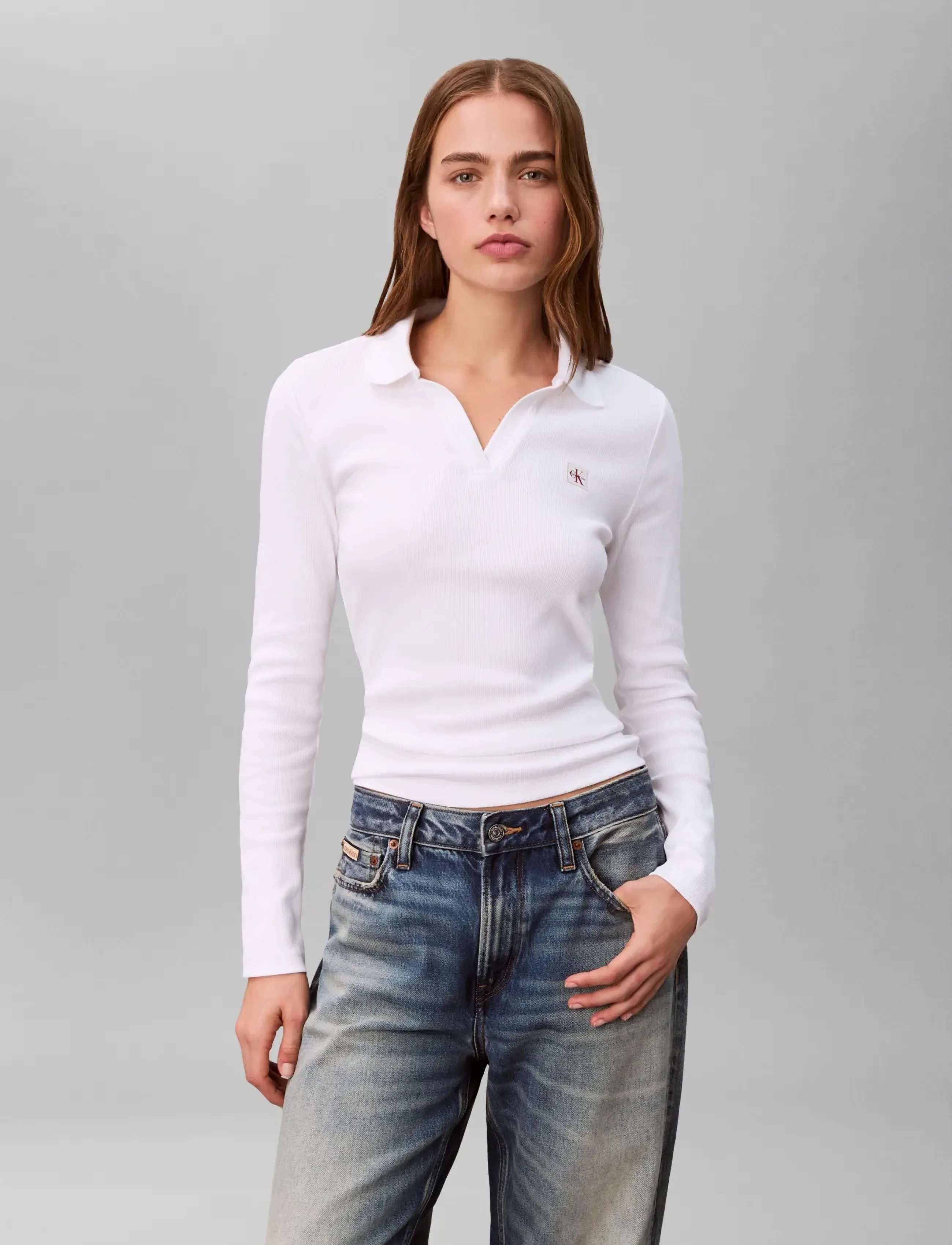 Calvin Klein Jeans - LS WOVEN LABEL 2X2 RIB JOHNNY CO - poloshirts - brilliant white - 5