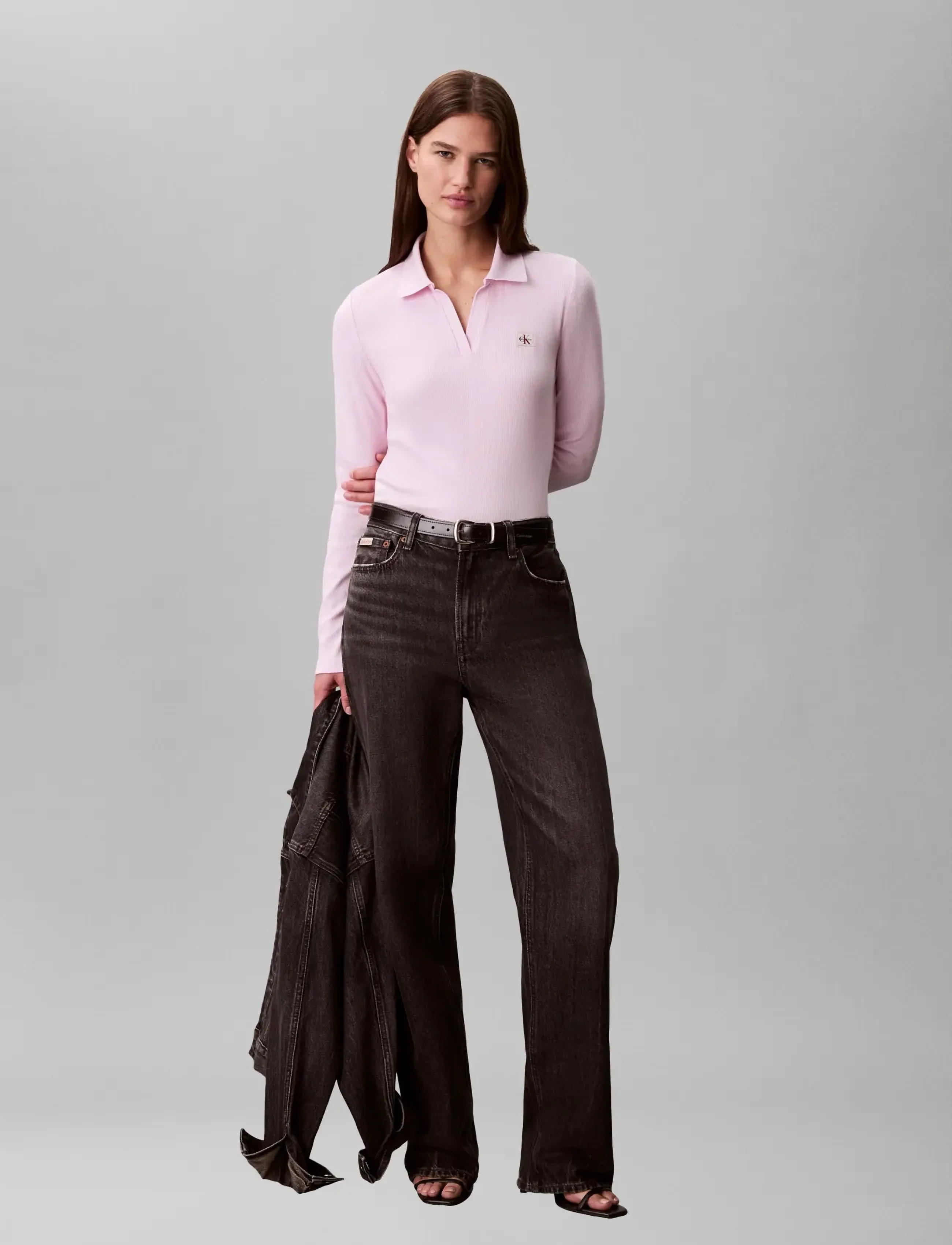 Calvin Klein Jeans LS WOVEN LABEL 2X2 RIB JOHNNY CO - Polosärgid - PEARLY PINK / pink/rose