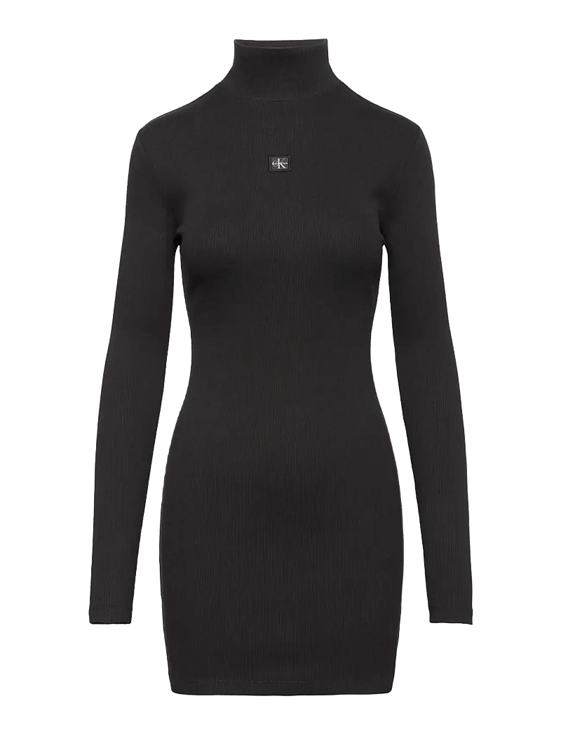 Calvin Klein Jeans - LS WOVEN LABEL 2X2 RIB MINI DRES - knitted dresses - black - 1